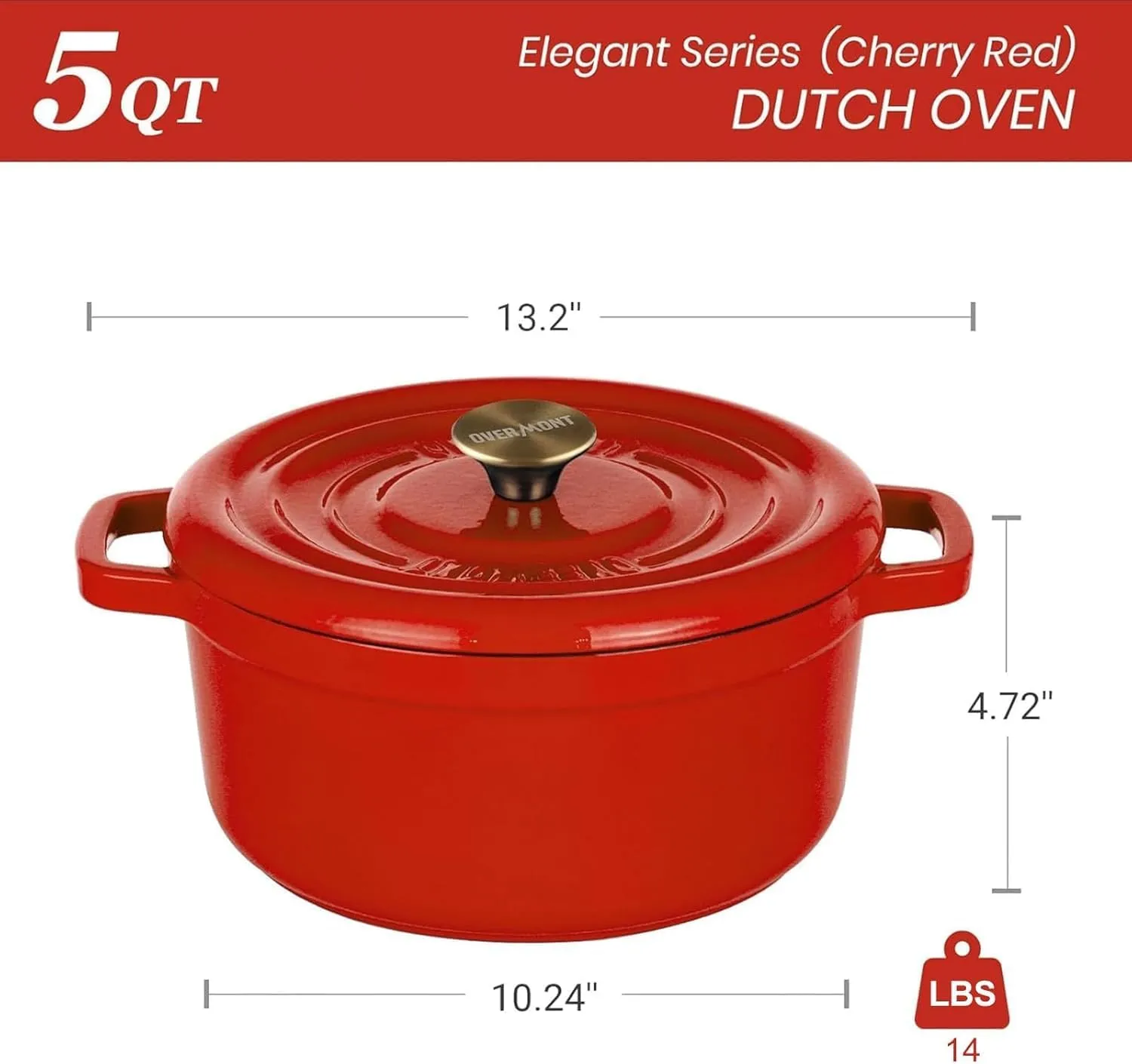Overmont Enameled Cast Iron Dutch Oven - 5QT Pot with Lid Cookbook & Cotton Potholders - Heavy-Duty Cookware for Braising, Stews, Roasting, Bread Baking red