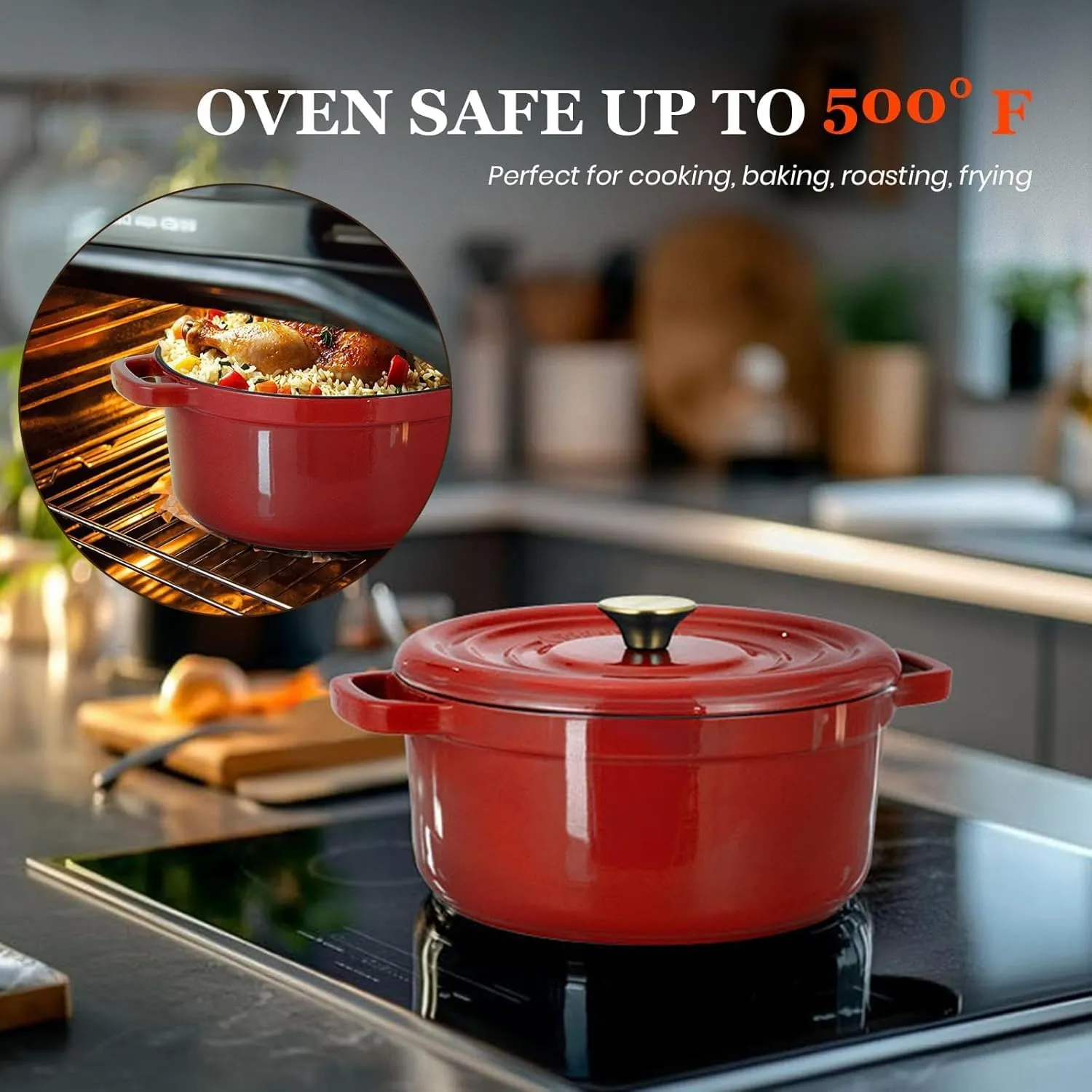 Overmont Enameled Cast Iron Dutch Oven - 5QT Pot with Lid Cookbook & Cotton Potholders - Heavy-Duty Cookware for Braising, Stews, Roasting, Bread Baking red
