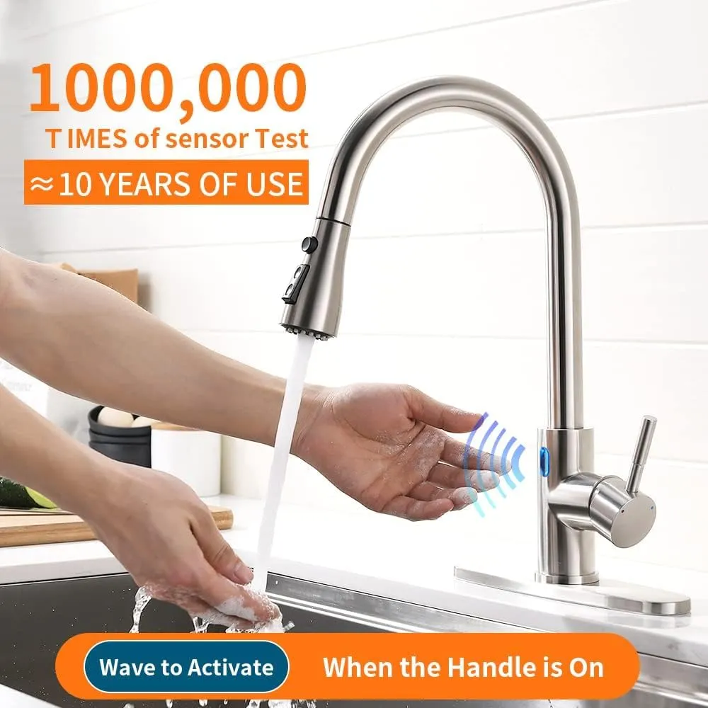 OWOFAN Touchless Brushed Nickel Kitchen Faucet with Pull Down Sprayer LED Light 1 Handle Kitchen Sink Faucet Motion Sensor Smart Hands-Free Stainless Steel 1072SN