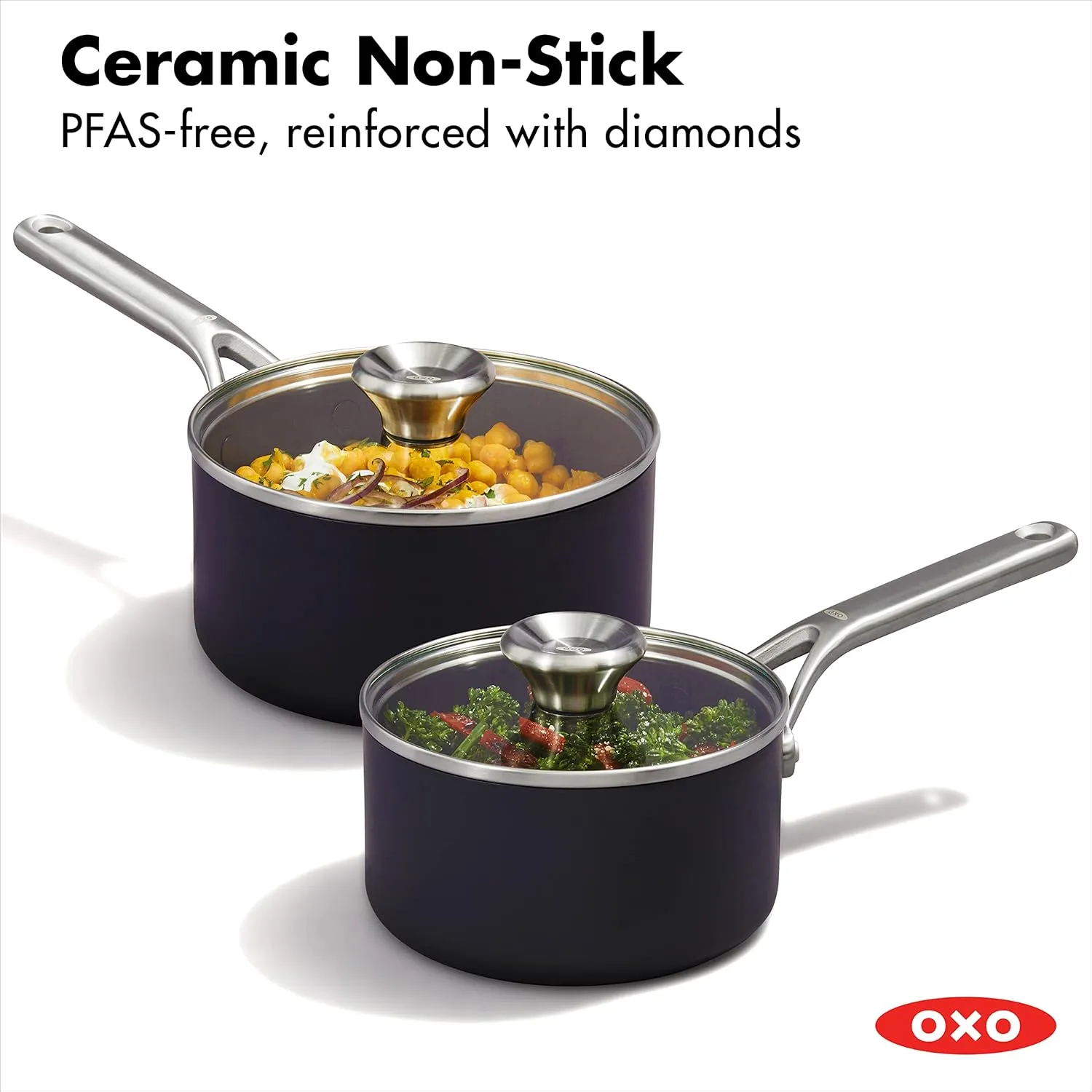 OXO Professional 1.7QT and 2.3QT Saucepan Pot Set with Lids Hard Anodized Ceramic Nonstick Cookware PFAS-Free Induction Suitable Stainless Steel Diamond Reinforced Coating Dishwasher/ Oven Safe Black