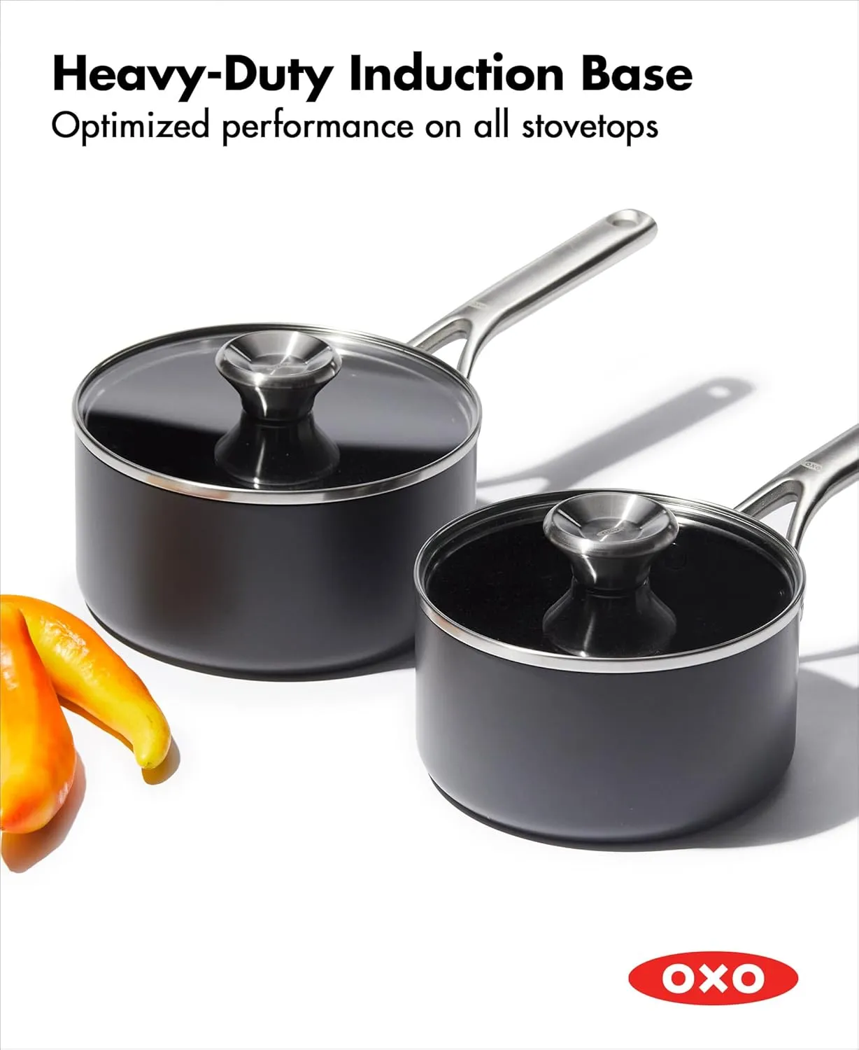 OXO Professional 1.7QT and 2.3QT Saucepan Pot Set with Lids Hard Anodized Ceramic Nonstick Cookware PFAS-Free Induction Suitable Stainless Steel Diamond Reinforced Coating Dishwasher/ Oven Safe Black
