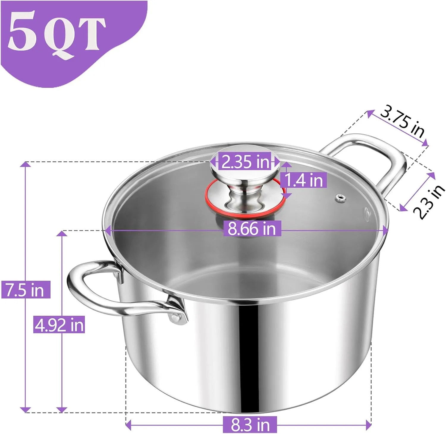 P&P CHEF Tri-Ply Stainless Steel Stockpot, Stock Pot with Visible Lid for Soup Pasta Vegetable, Induction Cooking Pot for All Stoves, Sturdy & Double Handle, Dishwasher Safe, (5 Quarts)