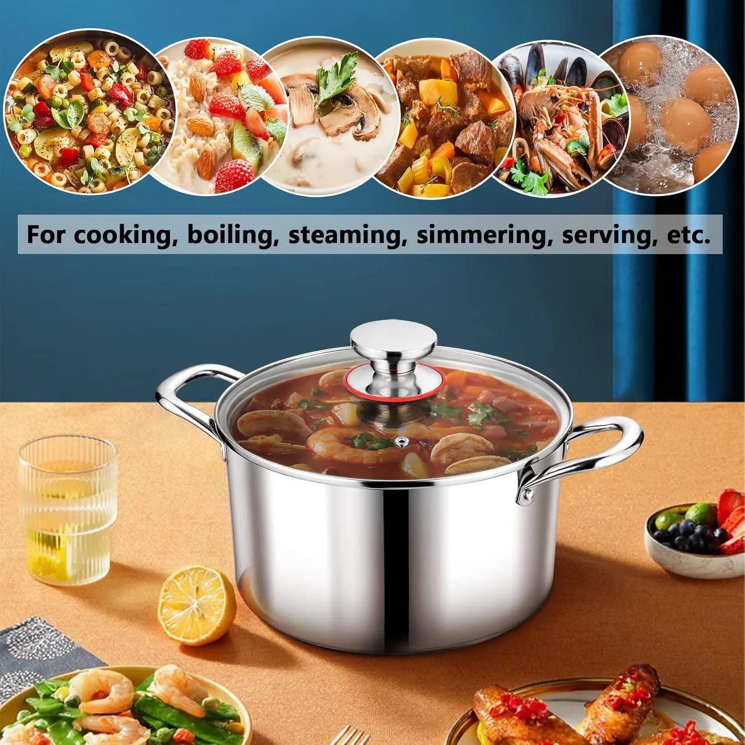 P&P CHEF Tri-Ply Stainless Steel Stockpot, Stock Pot with Visible Lid for Soup Pasta Vegetable, Induction Cooking Pot for All Stoves, Sturdy & Double Handle, Dishwasher Safe, (5 Quarts)