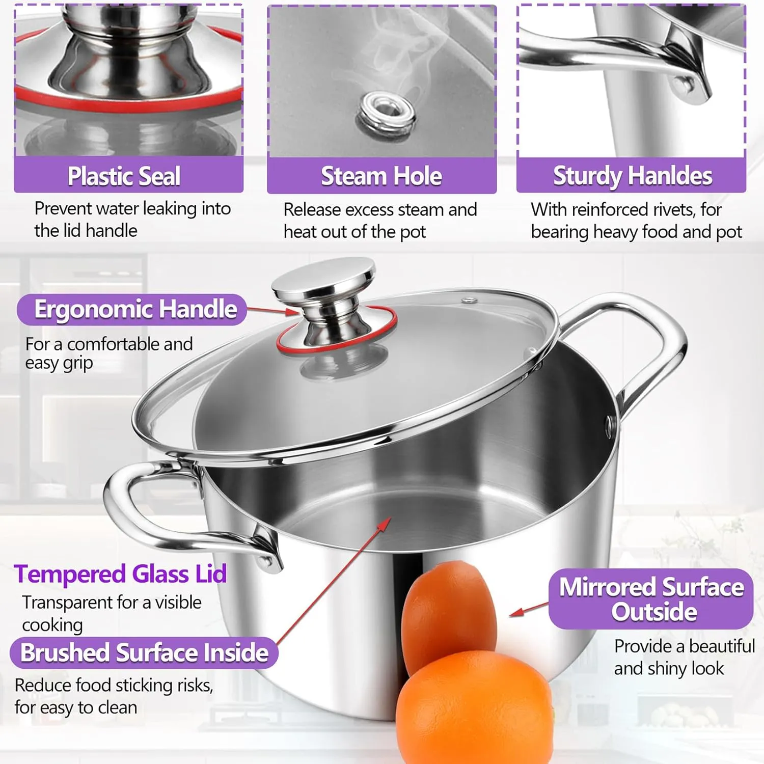 P&P CHEF Tri-Ply Stainless Steel Stockpot, Stock Pot with Visible Lid for Soup Pasta Vegetable, Induction Cooking Pot for All Stoves, Sturdy & Double Handle, Dishwasher Safe, (5 Quarts)