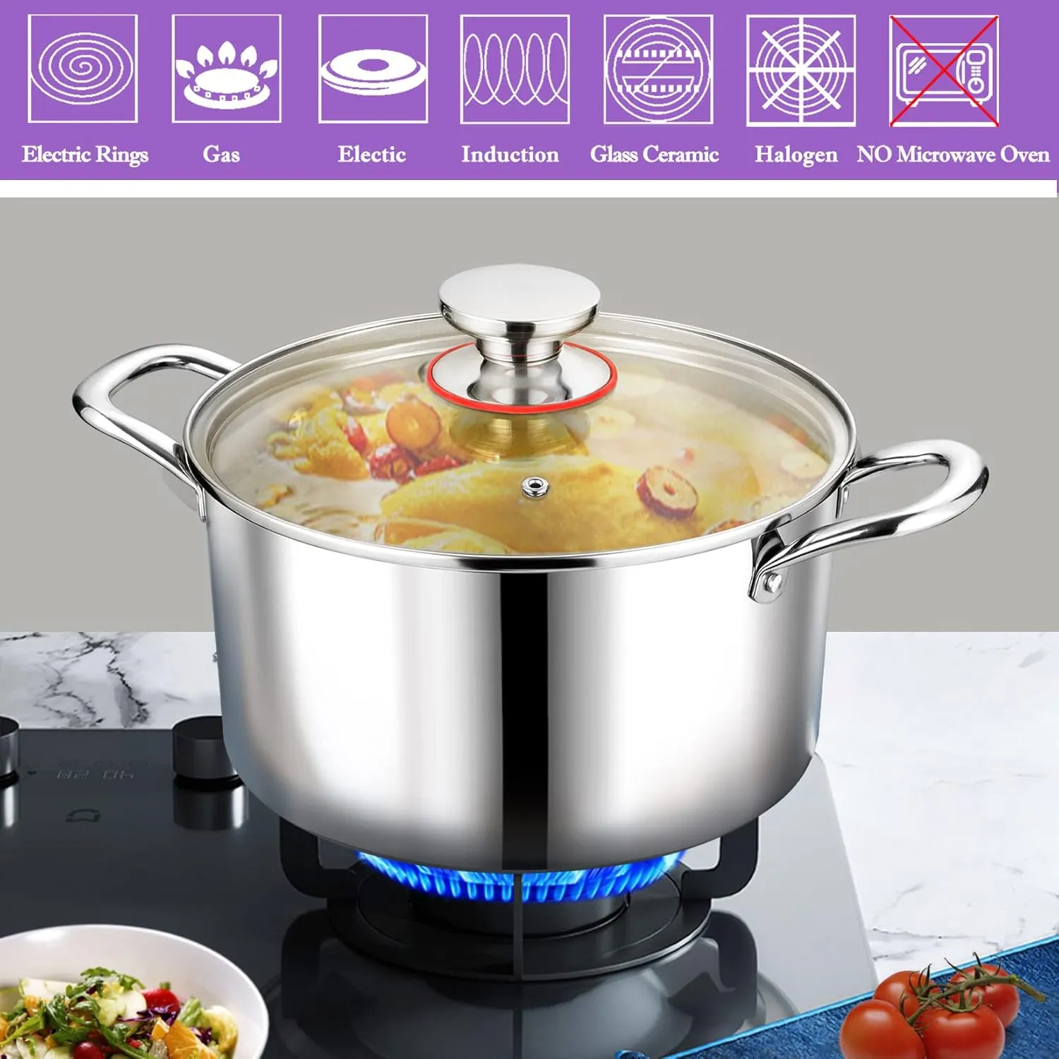 P&P CHEF Tri-Ply Stainless Steel Stockpot, Stock Pot with Visible Lid for Soup Pasta Vegetable, Induction Cooking Pot for All Stoves, Sturdy & Double Handle, Dishwasher Safe, (5 Quarts)