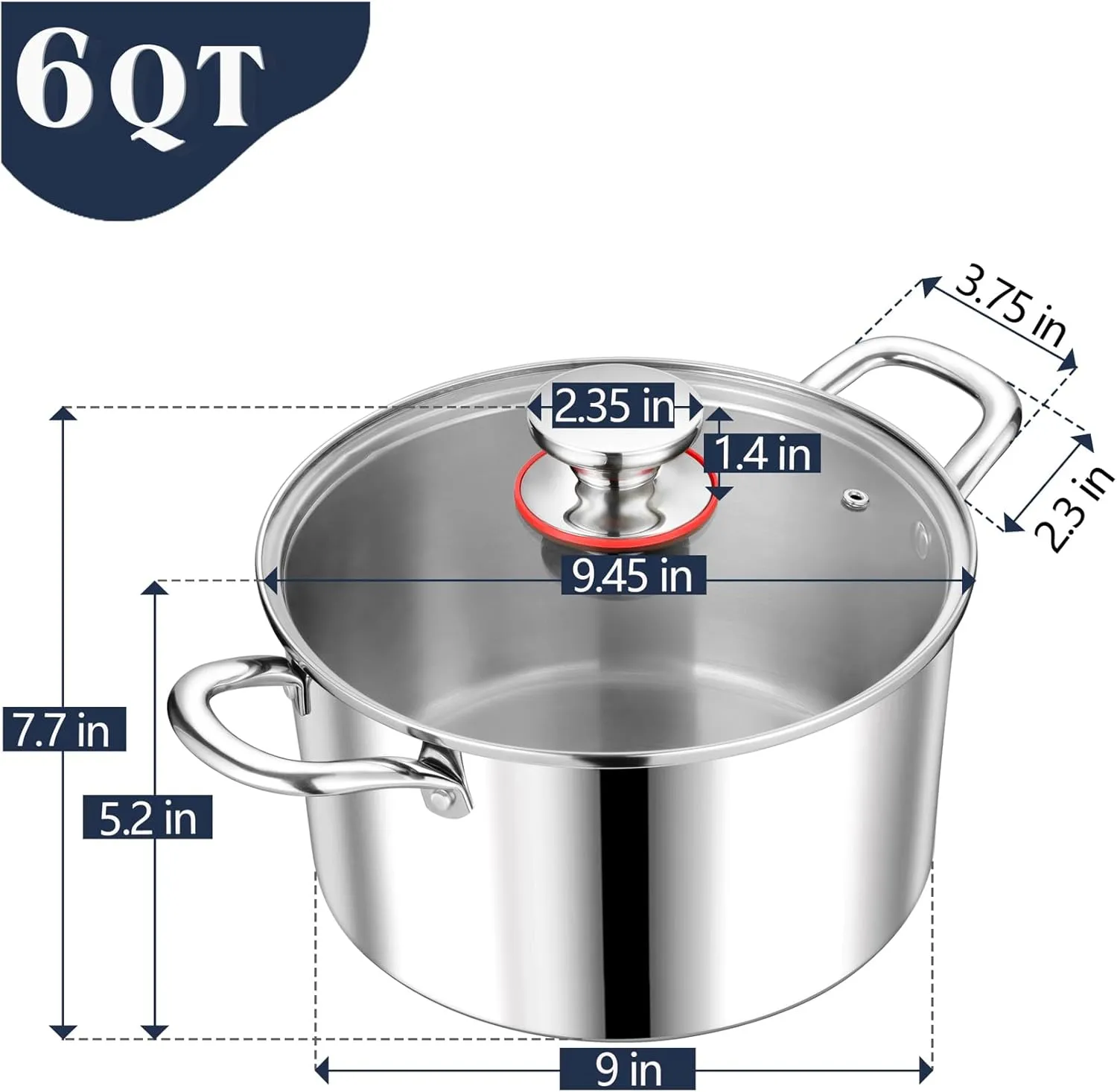 P&P CHEF Tri-Ply Stainless Steel Stockpot, Stock Pot with Visible Lid for Soup Pasta Vegetable, Induction Cooking Pot for All Stoves, Sturdy & Double Handle, Dishwasher Safe, (6 Quarts)