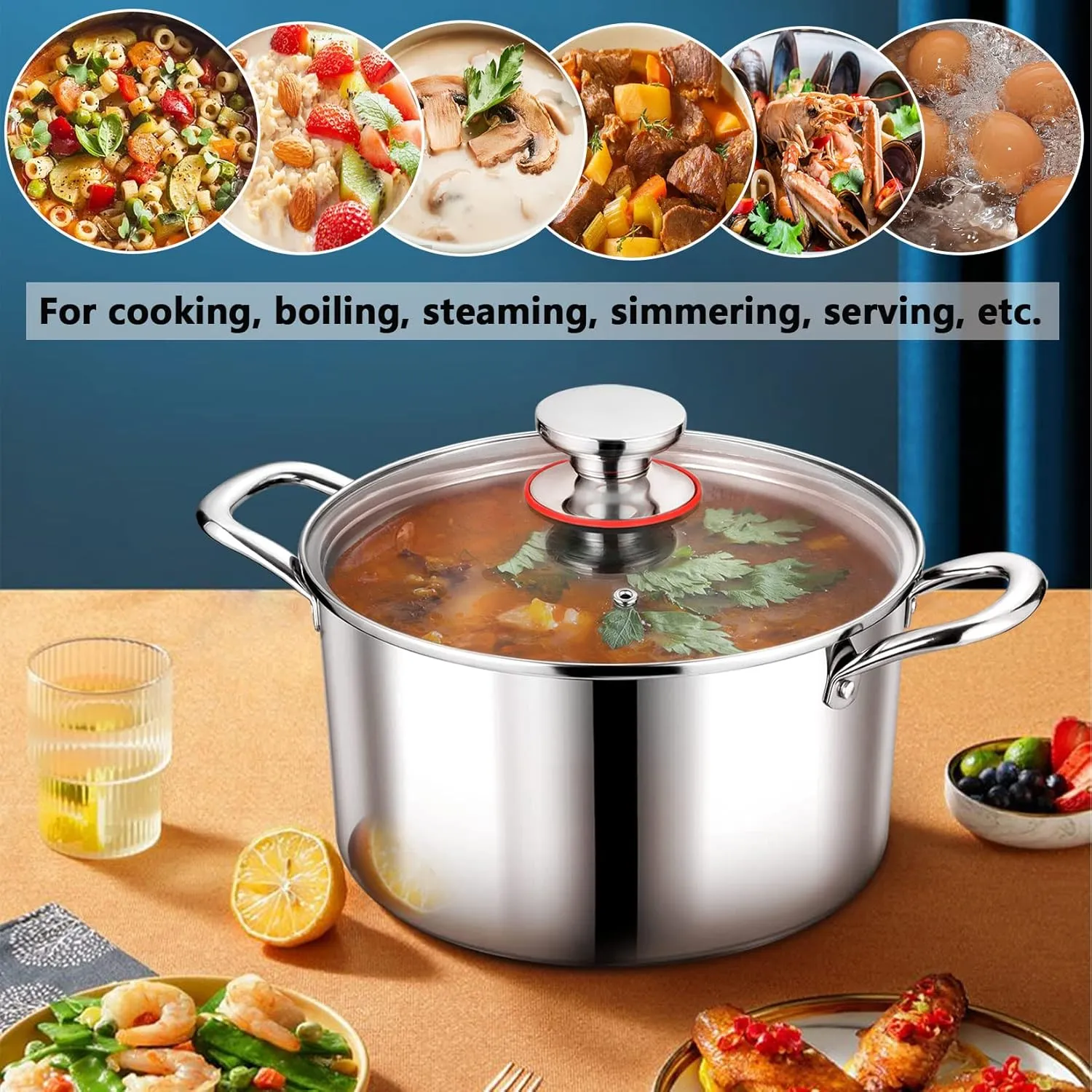 P&P CHEF Tri-Ply Stainless Steel Stockpot, Stock Pot with Visible Lid for Soup Pasta Vegetable, Induction Cooking Pot for All Stoves, Sturdy & Double Handle, Dishwasher Safe, (6 Quarts)
