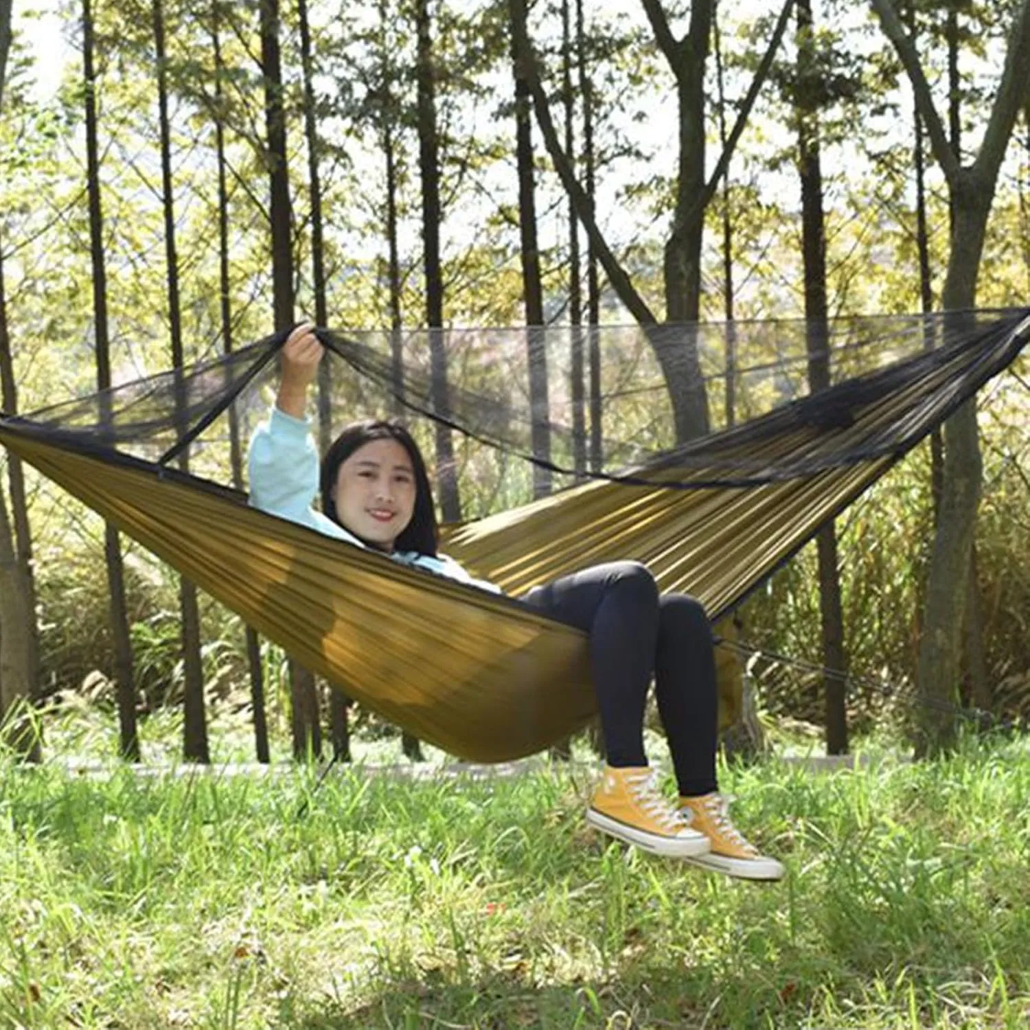 Patio Hammock - Outdoor Hammock | Hammock Fly Net | Portable Hammock Strong Capacity | Parachute Hammock Camping | Hammock Tarp, Foldable Hammock Net for Camping Hiking Fishing, Khaki