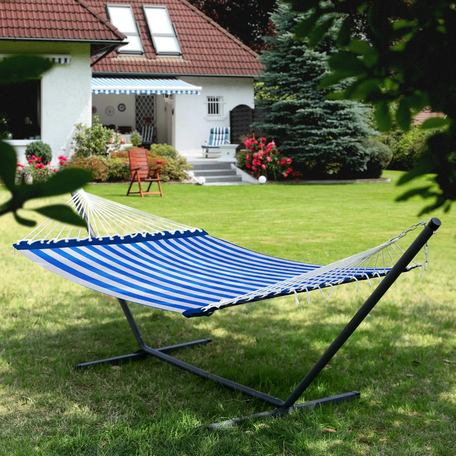 Patio Watcher 13 FT Quick Dry Textilene Hammock - Outdoor Double Hammock - Heavy Duty for Outside - 450 lbs Capacity - Blue White