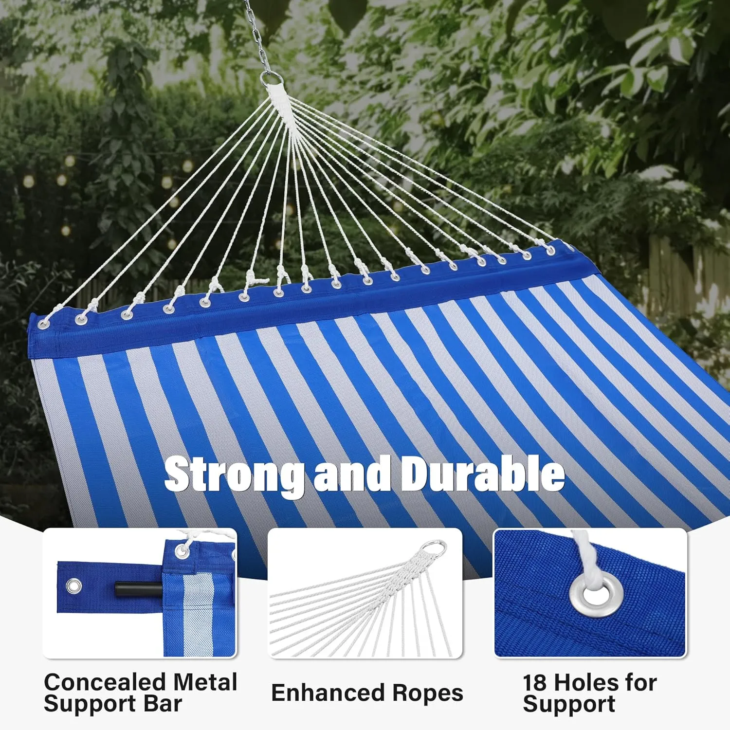 Patio Watcher 13 FT Quick Dry Textilene Hammock - Outdoor Double Hammock - Heavy Duty for Outside - 450 lbs Capacity - Blue White