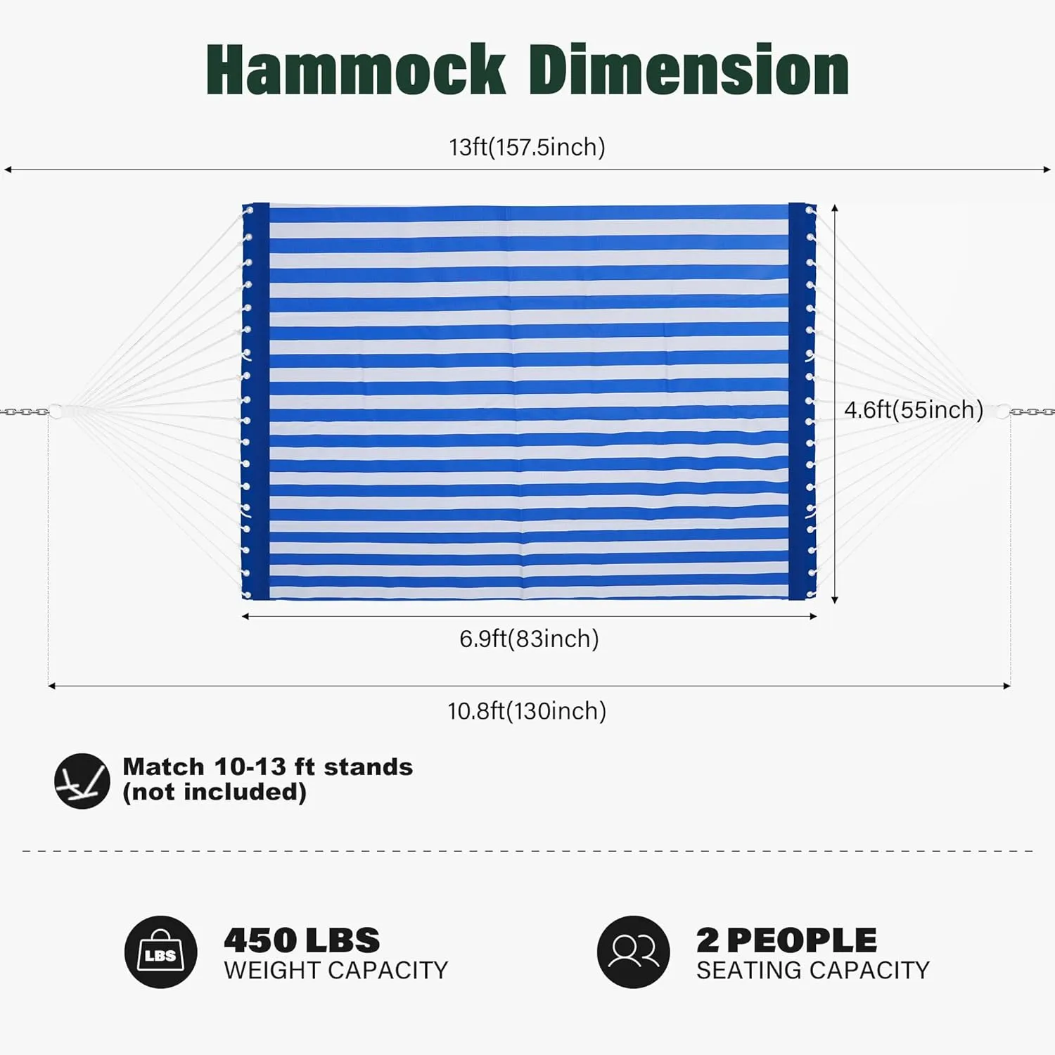 Patio Watcher 13 FT Quick Dry Textilene Hammock - Outdoor Double Hammock - Heavy Duty for Outside - 450 lbs Capacity - Blue White