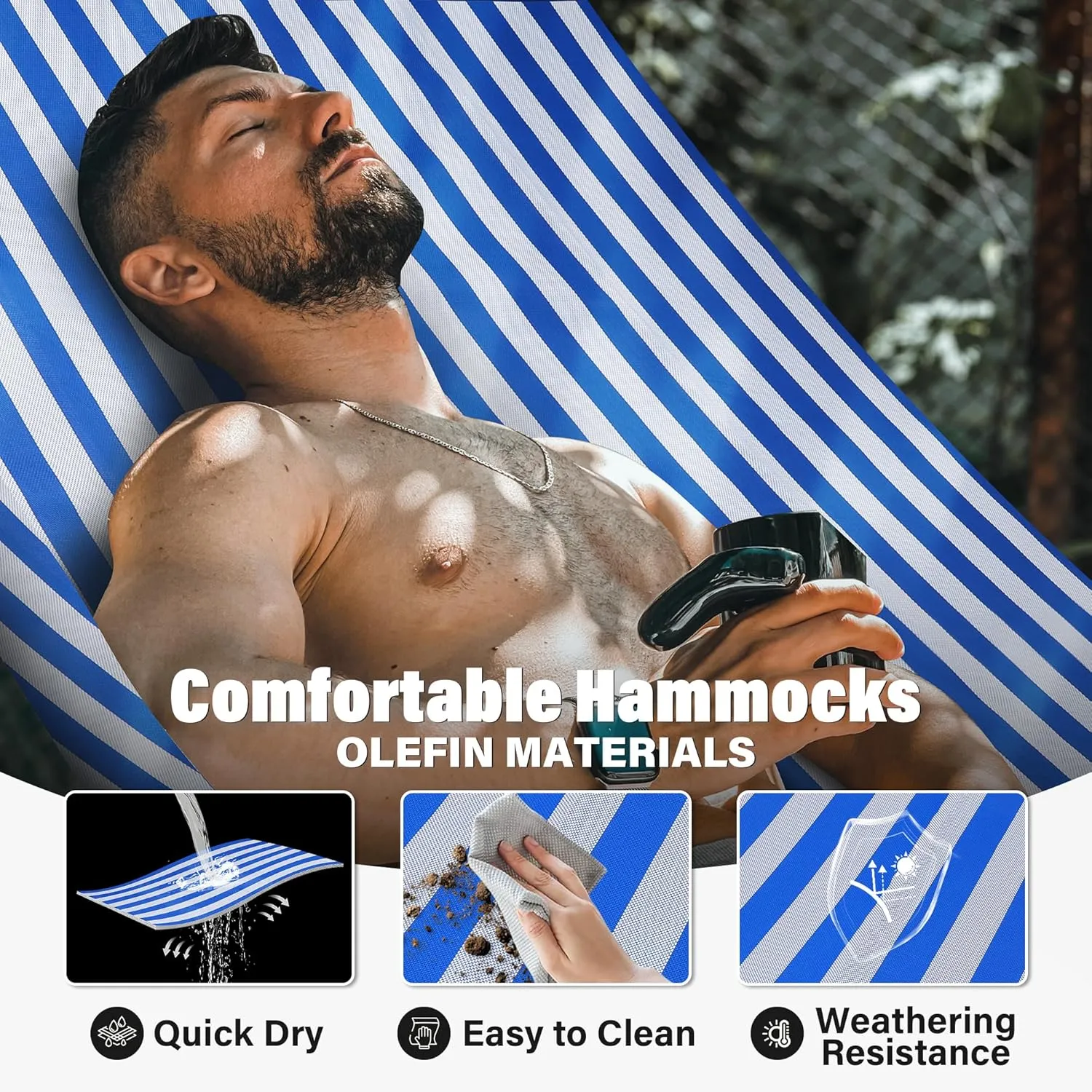 Patio Watcher 13 FT Quick Dry Textilene Hammock - Outdoor Double Hammock - Heavy Duty for Outside - 450 lbs Capacity - Blue White