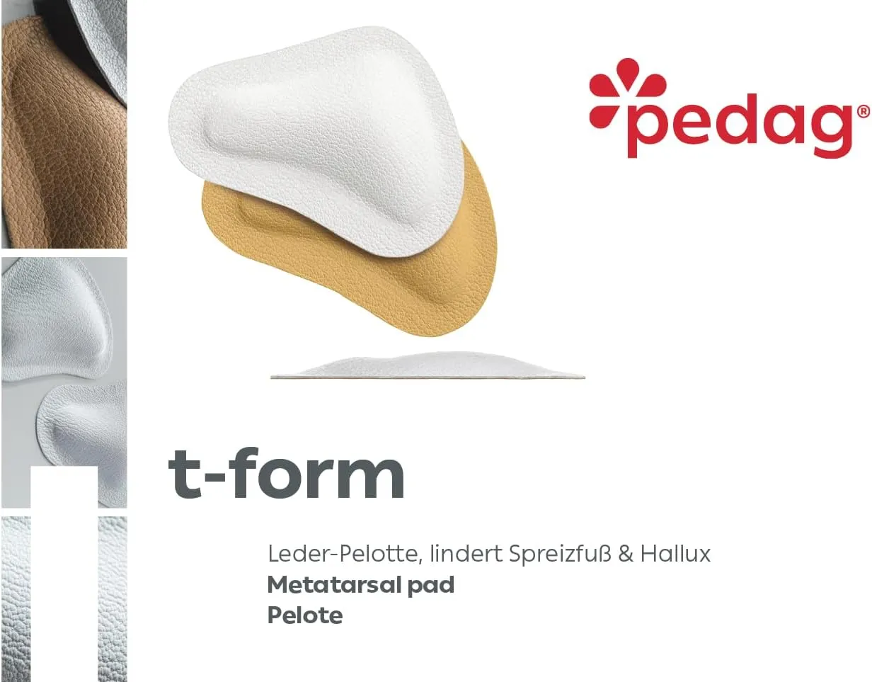 Pedag T-Form | German Made | Metatarsal Foot Pads for Pain Relief | Anatomically Correct | Vegetable Tan Leather | Self Adhesive | White | Size Med, Fits US W 8-10 / US M 7 | 3 Pairs