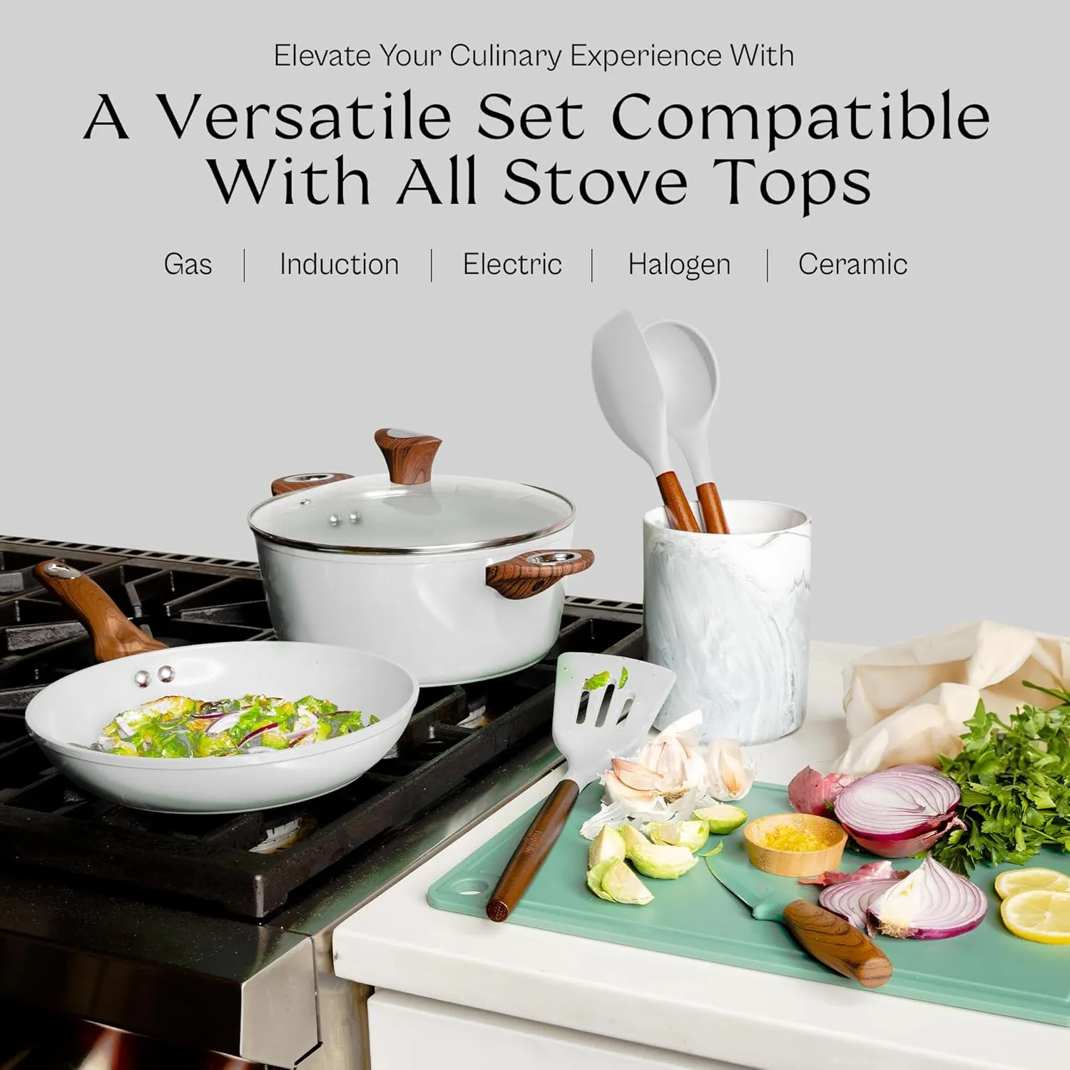 PHANTOM CHEF 18-Piece Cookware Set | Non-Stick Ceramic Coating | Oven & Dishwasher Safe | PFOA-Free | Aluminum Pots & Pans Set with Lids | Stay-Cool Handles | Induction Stovetop Compatible (Beige)