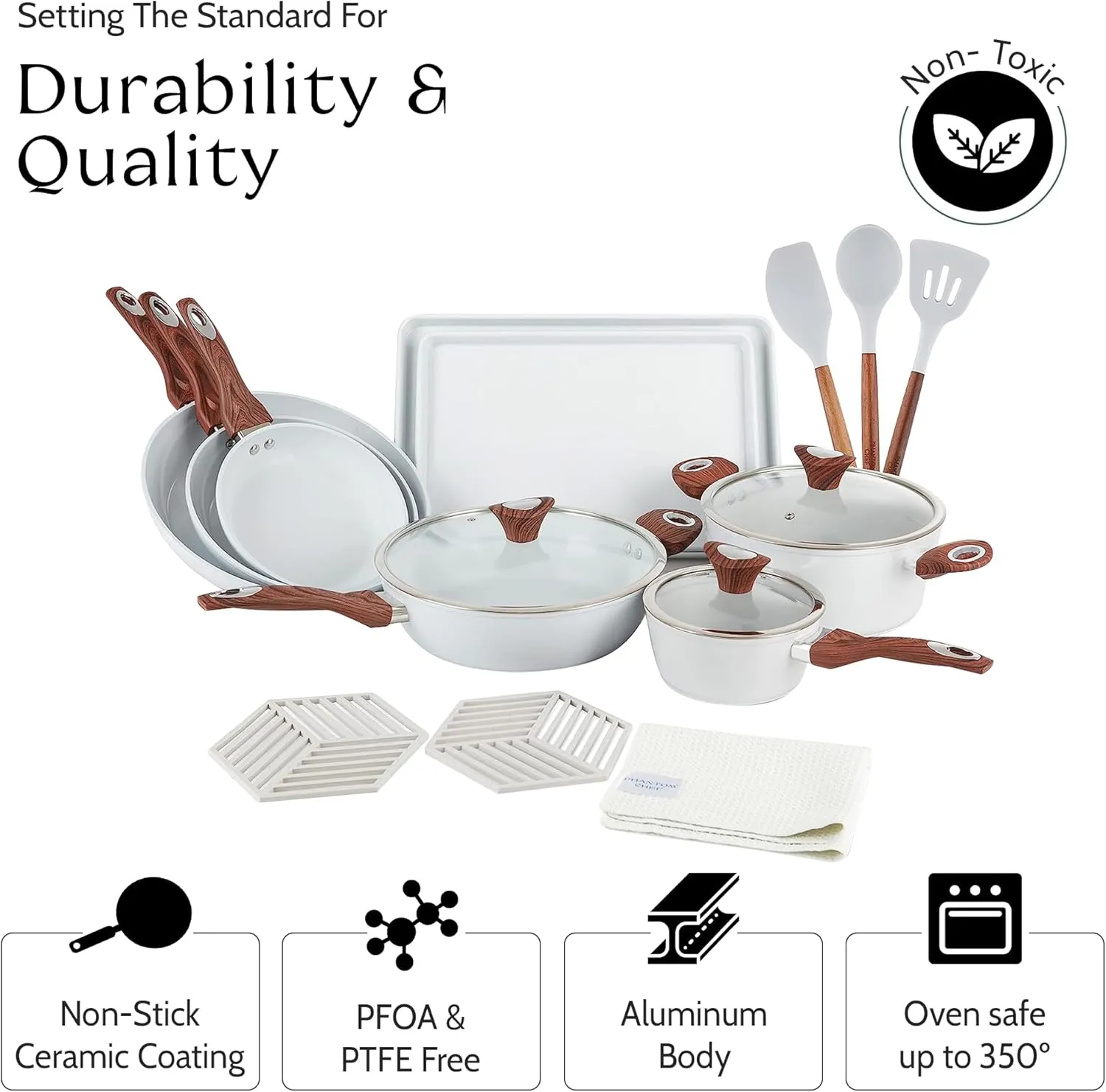 PHANTOM CHEF 18-Piece Cookware Set | Non-Stick Ceramic Coating | Oven & Dishwasher Safe | PFOA-Free | Aluminum Pots & Pans Set with Lids | Stay-Cool Handles | Induction Stovetop Compatible (Beige)