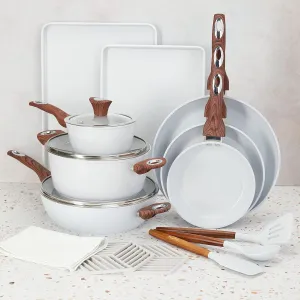PHANTOM CHEF 18-Piece Cookware Set | Non-Stick Ceramic Coating | Oven & Dishwasher Safe | PFOA-Free | Aluminum Pots & Pans Set with Lids | Stay-Cool Handles | Induction Stovetop Compatible (Beige)