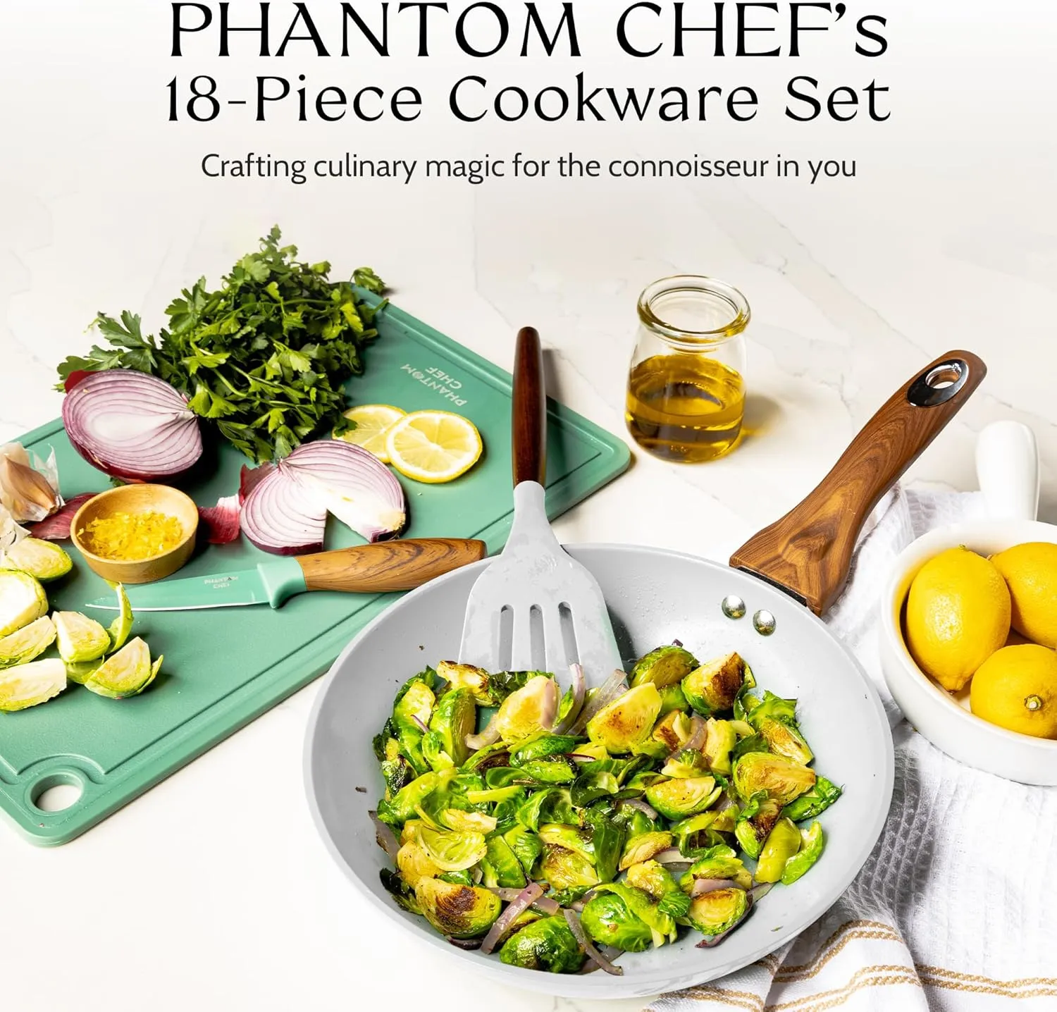 PHANTOM CHEF 18-Piece Cookware Set | Non-Stick Ceramic Coating | Oven & Dishwasher Safe | PFOA-Free | Aluminum Pots & Pans Set with Lids | Stay-Cool Handles | Induction Stovetop Compatible (Beige)