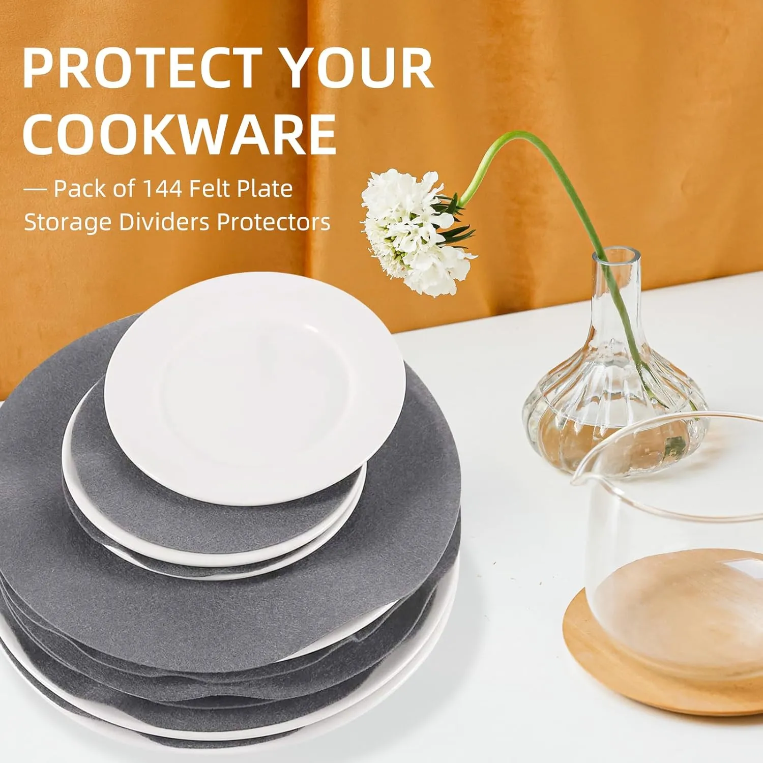 Plate China Storage Dividers, 144 Pieces with 3 Different Sizes Premium Felt Plate Dividers Round China Dish Protectors for Porcelain Cookware Protecting and Stacking, Gray