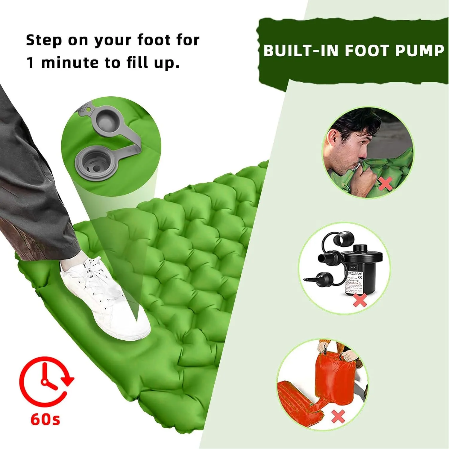 plplaaoo Double Camping Sleeping Pad, IInflating Camping Mats, Ergonomic Design Foot Inflatable Sleeping Pad with Storage Bag for Office Outdoor Camping, Traveling, Backpacking, Beach(Green), Camp
