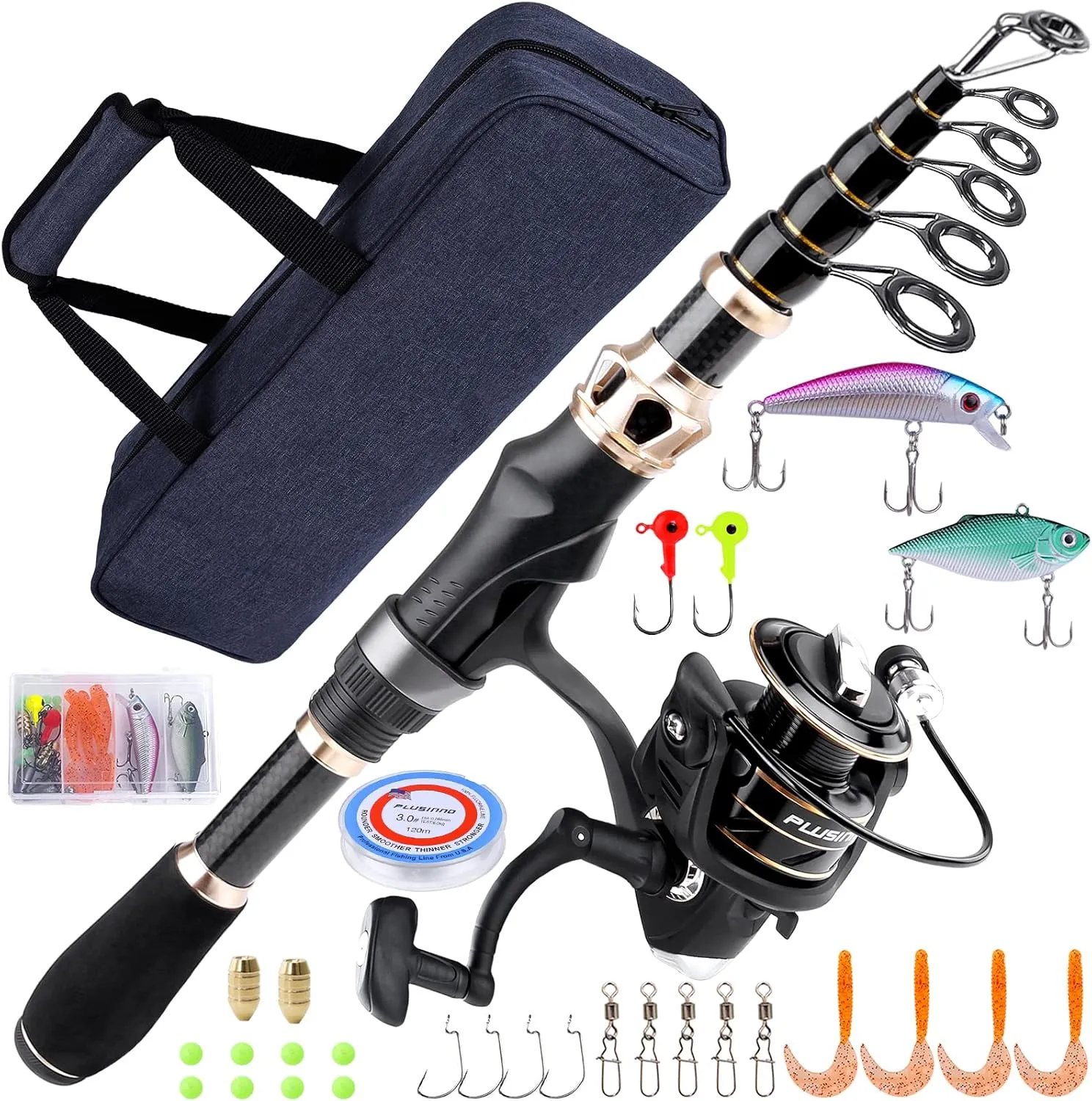 PLUSINNO Fishing Rod and Reel Combo,Fishing Pole,Telescopic Fishing Rod Kit with Spinning Reel, Telescopic Fishing Pole with Carrier Bag for Freshwater Saltwater for Men Women