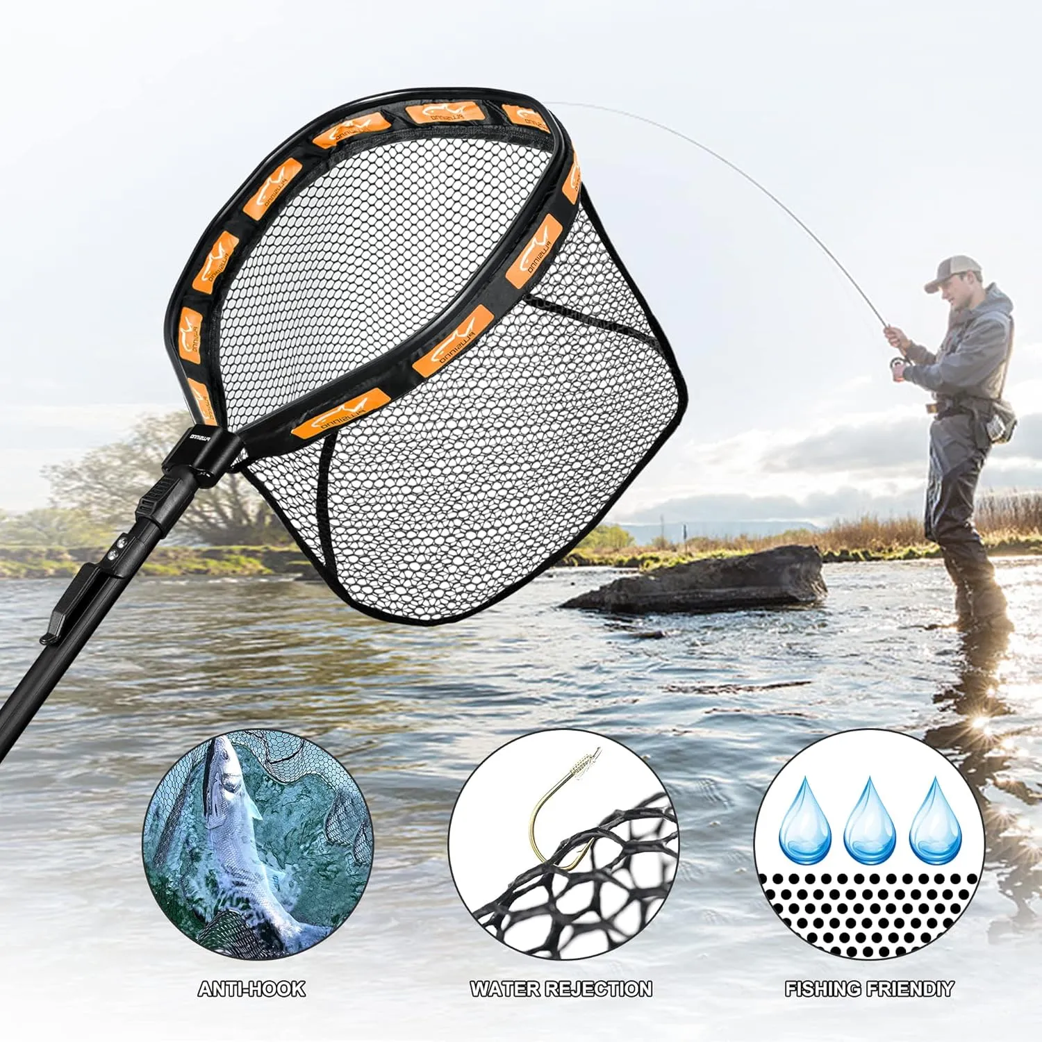 PLUSINNO Floating Fishing Net for Steelhead, Salmon, Fly, Kayak, Bass, Trout Fishing, Catfish, Rubber Coated Landing Net for Easy Catch & Release for Easy Transportation & Storage