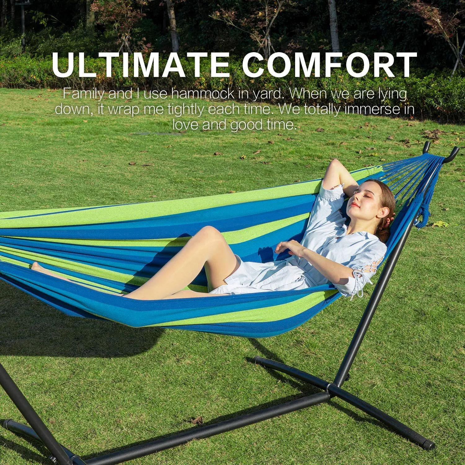 PNAEUT 2-Person Hammock with Space Saving Steel Stand Garden Yard Outdoor 450lb Capacity Double Hammocks and Portable Carrying Bag (Blue)