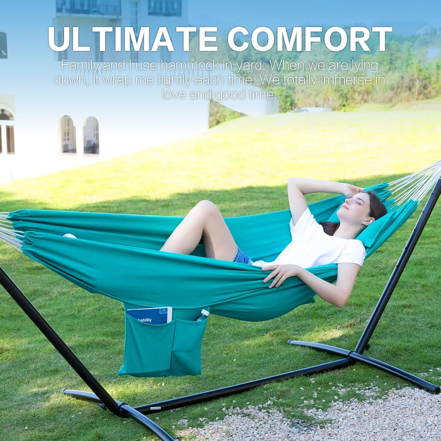 PNAEUT Double Hammock with Space Saving Steel Stand 2 Person Heavy Duty Garden Yard Outdoor 450lb Capacity Hammocks and Portable Carrying Bag (Aqua)