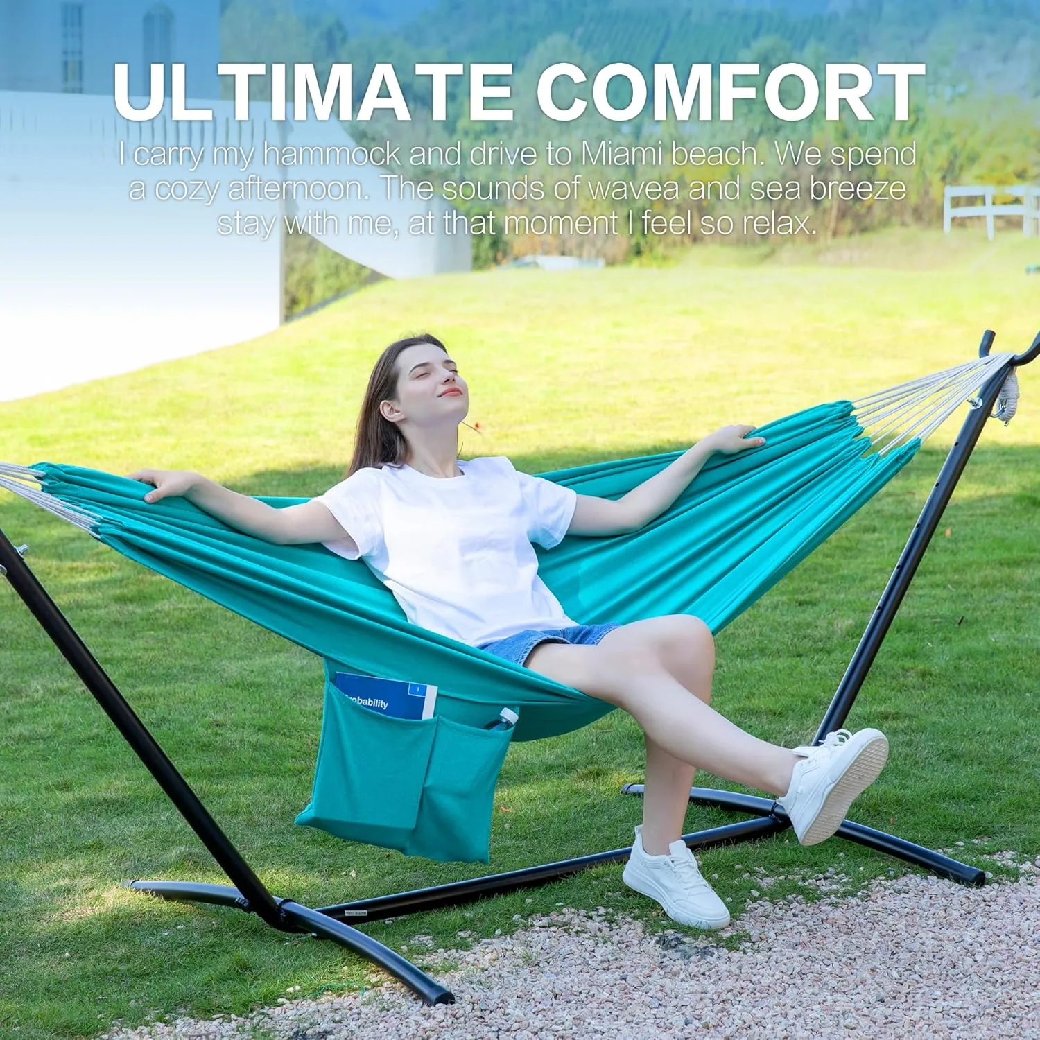 PNAEUT Double Hammock with Space Saving Steel Stand 2 Person Heavy Duty Garden Yard Outdoor 450lb Capacity Hammocks and Portable Carrying Bag (Aqua)