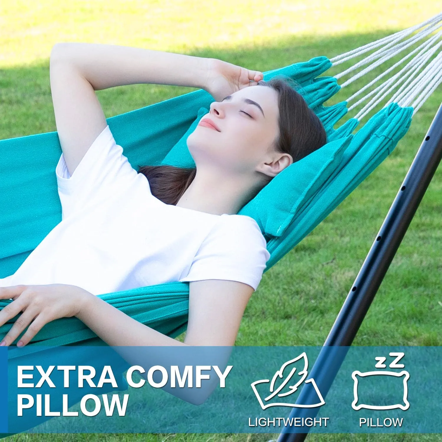 PNAEUT Double Hammock with Space Saving Steel Stand 2 Person Heavy Duty Garden Yard Outdoor 450lb Capacity Hammocks and Portable Carrying Bag (Aqua)