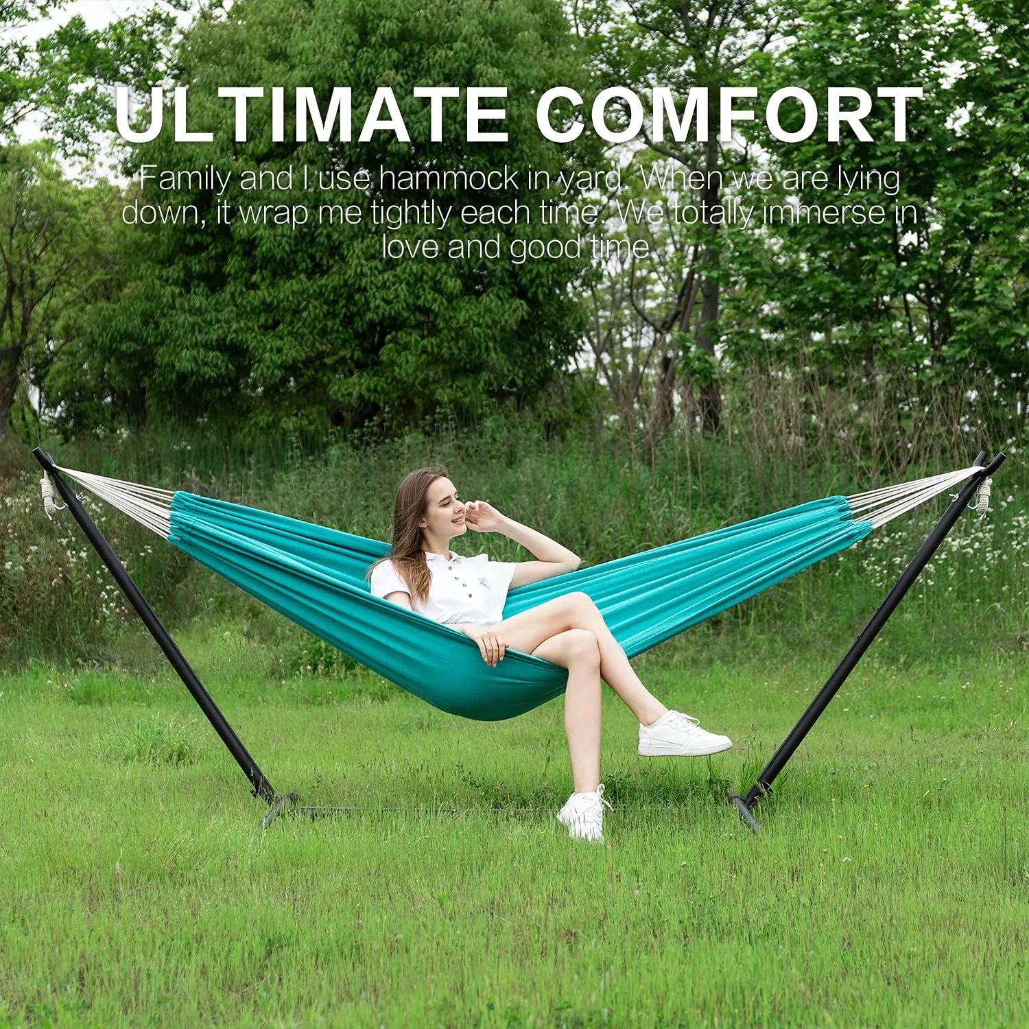 PNAEUT Double Hammock with Space Saving Steel Stand 2 Person Heavy Duty Garden Yard Outdoor 450lb Capacity Hammocks and Portable Carrying Bag (Aqua)