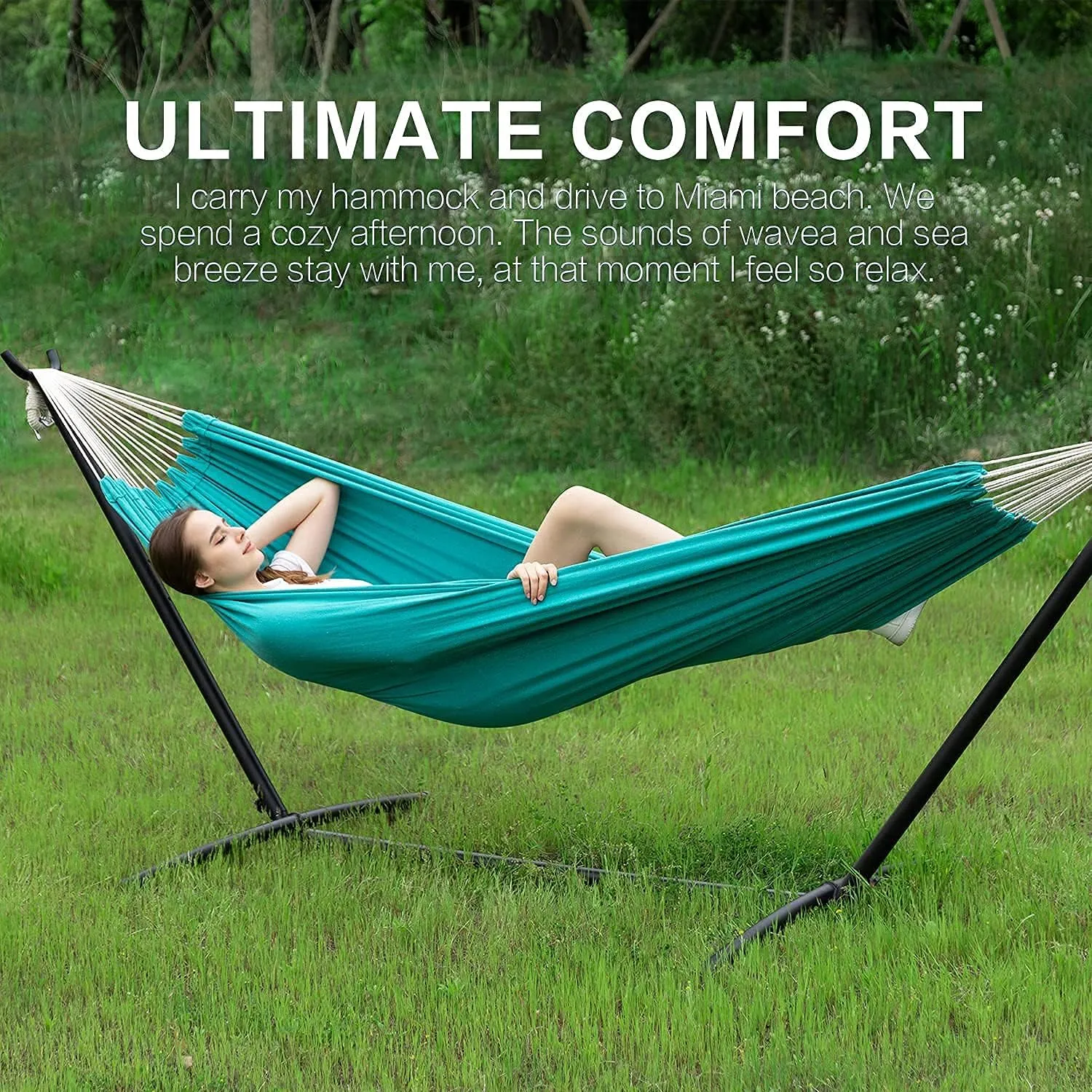 PNAEUT Double Hammock with Space Saving Steel Stand 2 Person Heavy Duty Garden Yard Outdoor 450lb Capacity Hammocks and Portable Carrying Bag (Aqua)