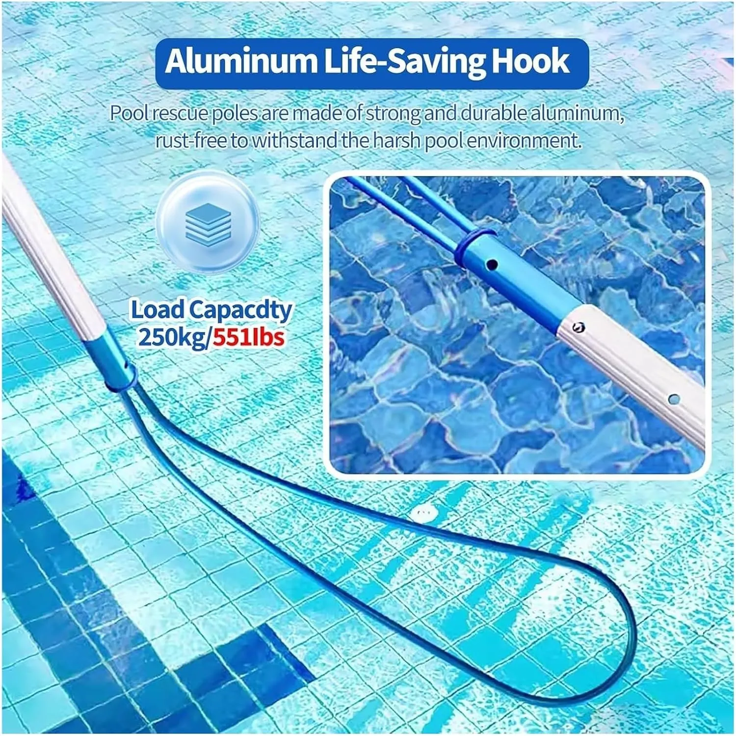 Pool Safety Hook,Safety Hook Pool Pole, Aluminum Telescopic Pool Rescues Hook With Pole Swimming Safety Hook Pool Pole Life Saving Hook Rescues Equipment(Round Safety Hook 1m/3.3ft Telescopic Rod)