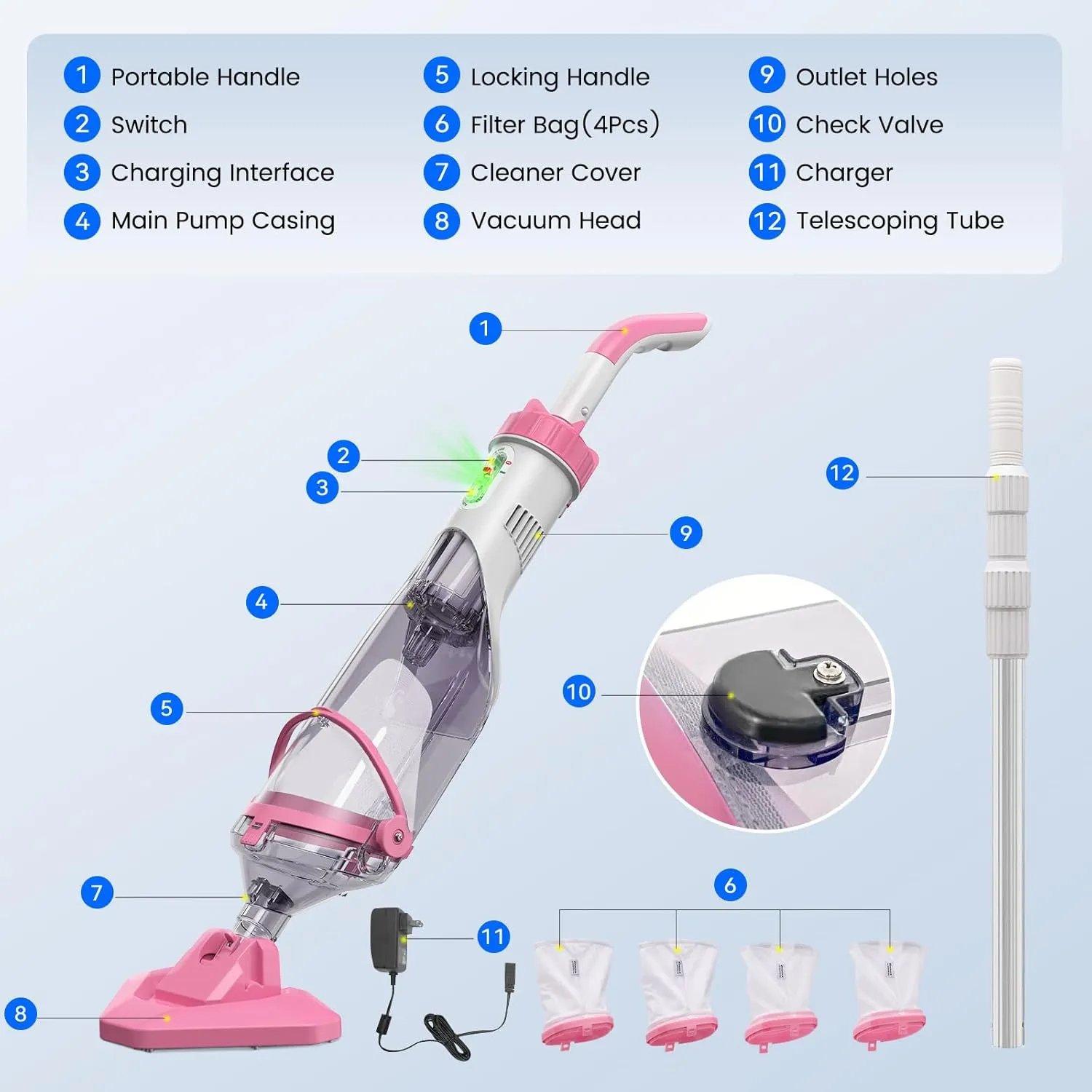 Pool Vacuum for Above Ground Pool with a Telescopic Pole, Running time up to 1H, T403 Handheld Rechargeable Pool Cleaner with Powerful Suction up to 18.5 gallons/min, Ideal for Leaves, Debris