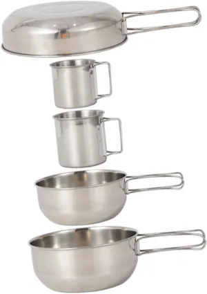 Portable Camping Cookware Stainless Steel 5pcs Dinnerware Set Folding Bowl Cup Frying Pan Safe for Outdoor Activities