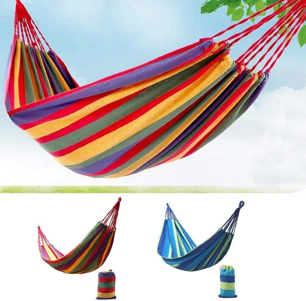 Portable Hammocks 2 Persons Striped Hammock Outdoor Leisure Bed Thickened Canvas Hanging Bed Sleeping Swing Hammock for Camping Hammock for Outdoor(Red)