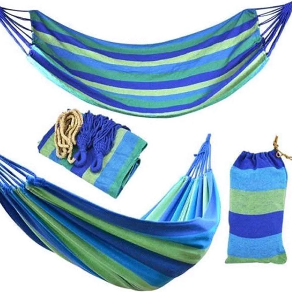 Portable Hammocks 2 Persons Striped Hammock Outdoor Leisure Bed Thickened Canvas Hanging Bed Sleeping Swing Hammock for Camping Hammock for Outdoor(Red)