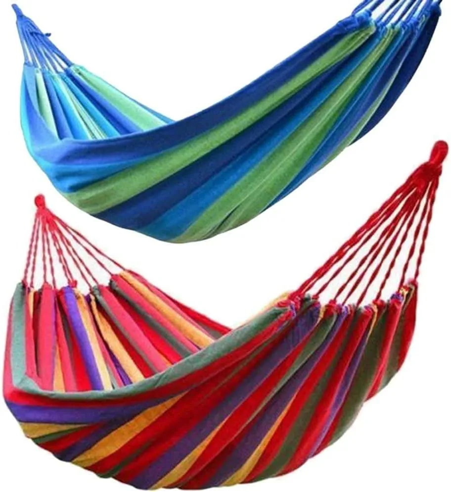 Portable Hammocks 2 Persons Striped Hammock Outdoor Leisure Bed Thickened Canvas Hanging Bed Sleeping Swing Hammock for Camping Hammock for Outdoor(Red)