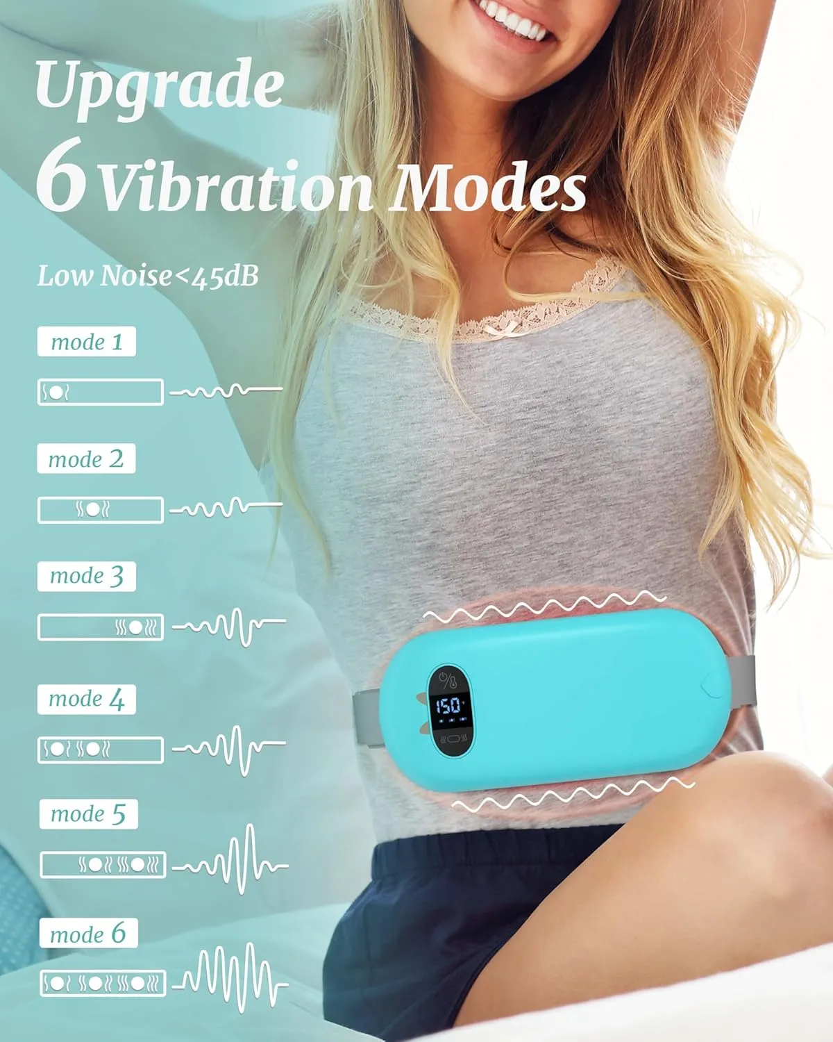 Portable Heating Pad for Cramps, Upgrade Cordless Electric Period Fast Heating Pad for Back Pain Relief Menstrual Belt 6 Heat 6 Massage Modes Gifts for Women Girls Her Girlfriend Light Blue