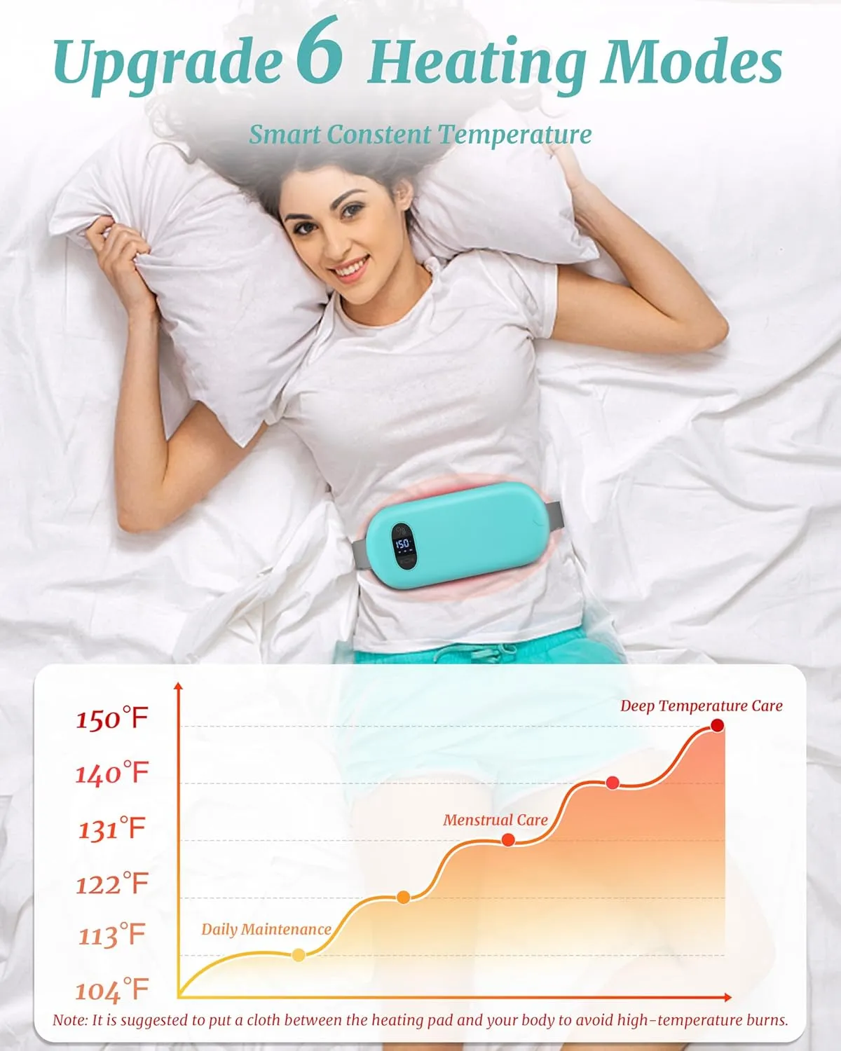 Portable Heating Pad for Cramps, Upgrade Cordless Electric Period Fast Heating Pad for Back Pain Relief Menstrual Belt 6 Heat 6 Massage Modes Gifts for Women Girls Her Girlfriend Light Blue