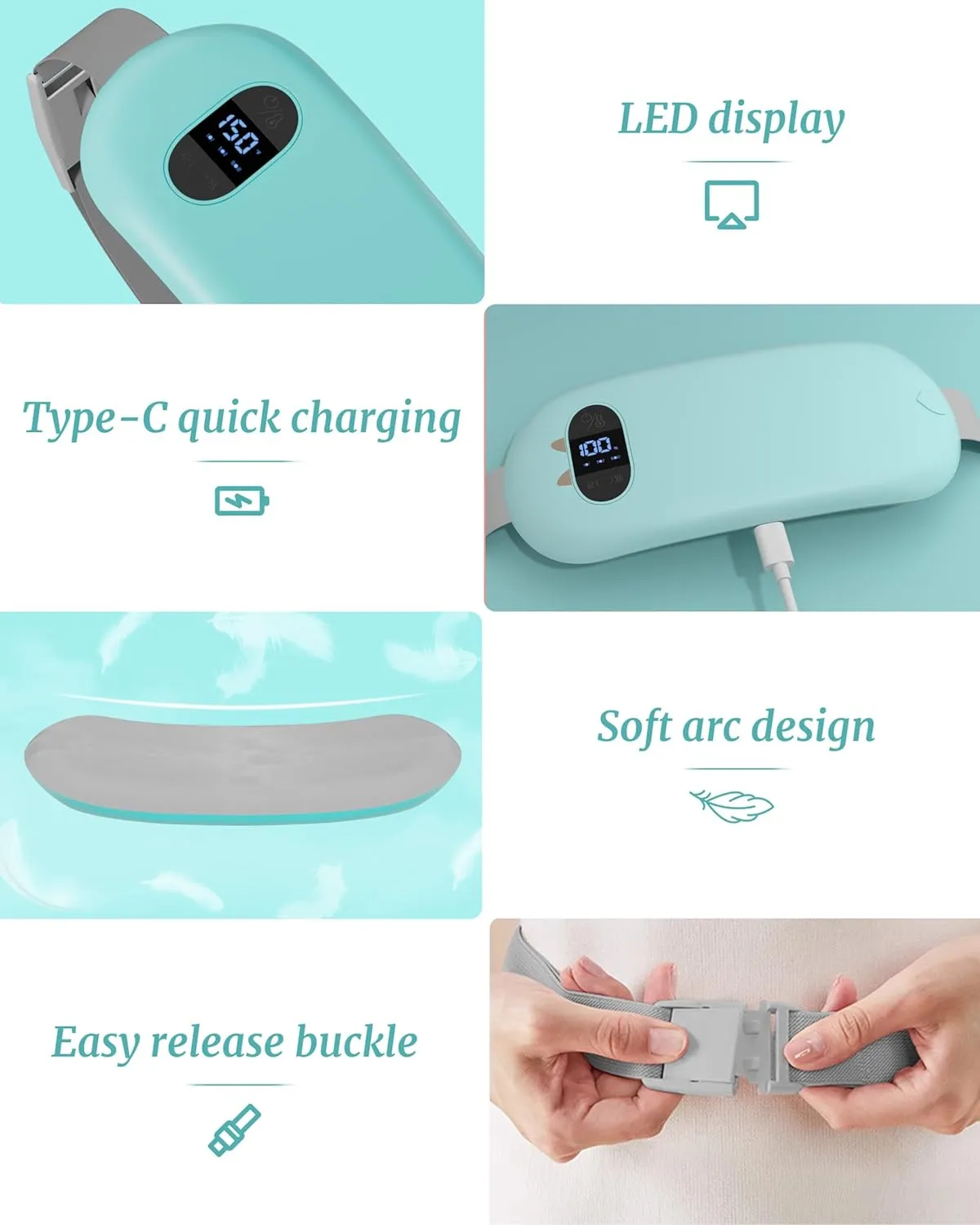 Portable Heating Pad for Cramps, Upgrade Cordless Electric Period Fast Heating Pad for Back Pain Relief Menstrual Belt 6 Heat 6 Massage Modes Gifts for Women Girls Her Girlfriend Light Blue