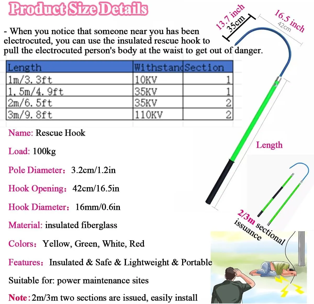 Portable Insulated Handle Rescue Hook, High Voltage Safety Anti-electrocution Emergency Lifesaving Pole/Lifeguard Rod Kit/Pulling Man Hook, Industrial Electrical Shock Rescue Stick For Fire Electricia