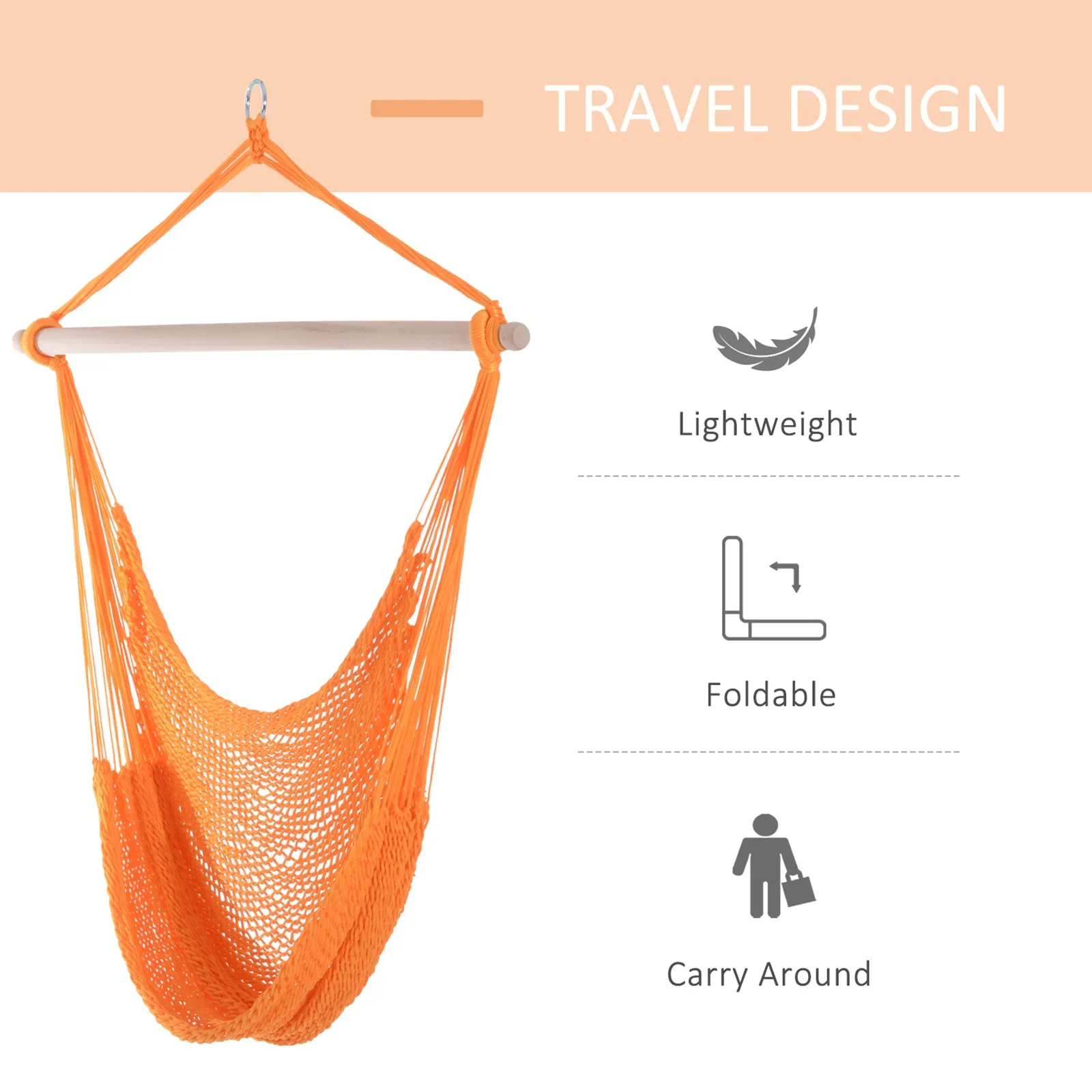 Portable Rope Hammock Chair Woven Hanging Swing Seat Outdoor Garden Yard Camping Orange Nylon
