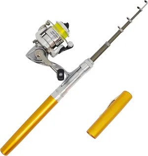 Portable Small Pen Fishing Rod and All Metal Spinning Reel Combo, 38inches Pocket Mini Telescopic Fishing Pole Kit for River Lake Ice Fishing Etc (Golden)