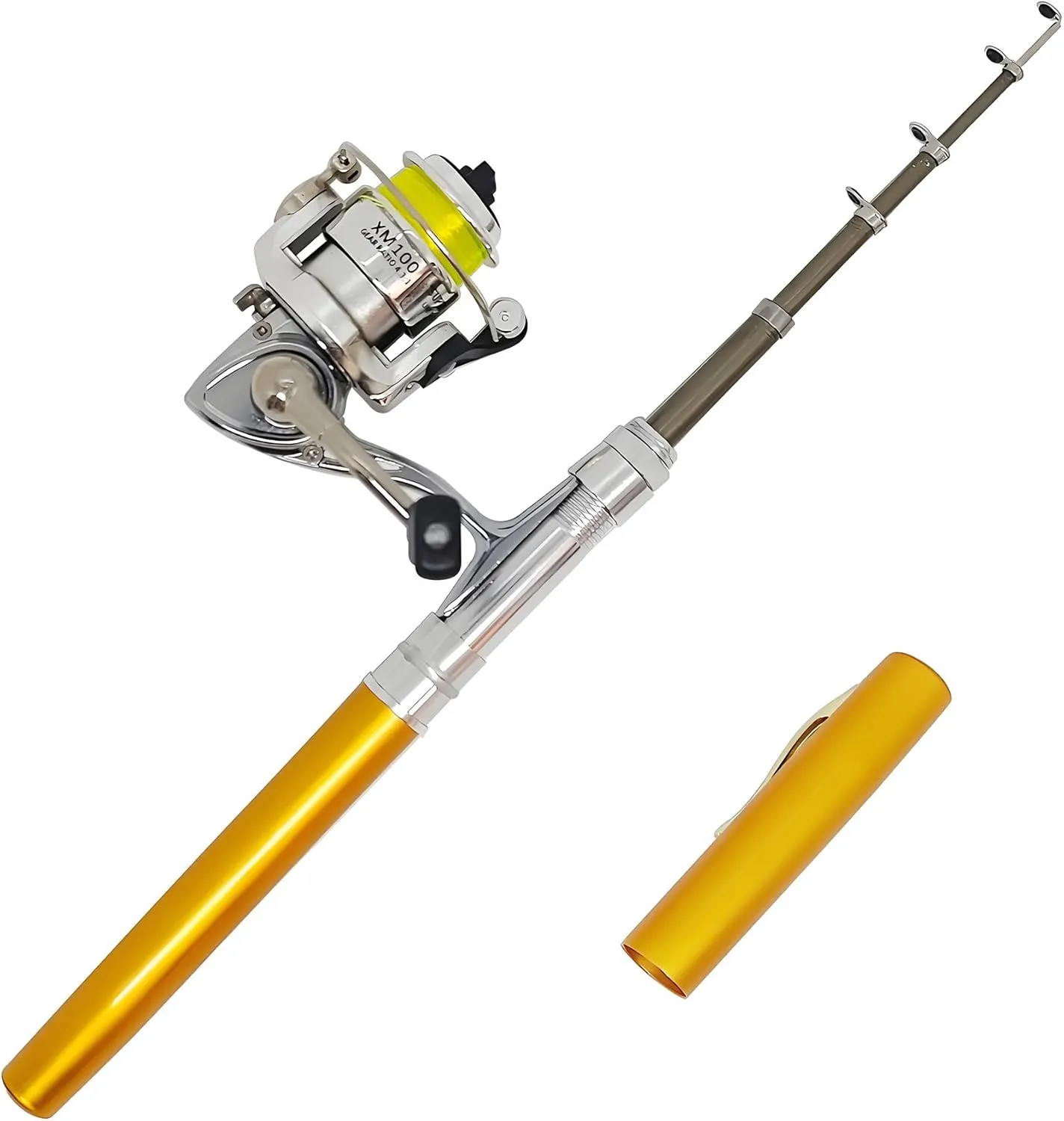 Portable Small Pen Fishing Rod and All Metal Spinning Reel Combo, 38inches Pocket Mini Telescopic Fishing Pole Kit for River Lake Ice Fishing Etc (Golden)