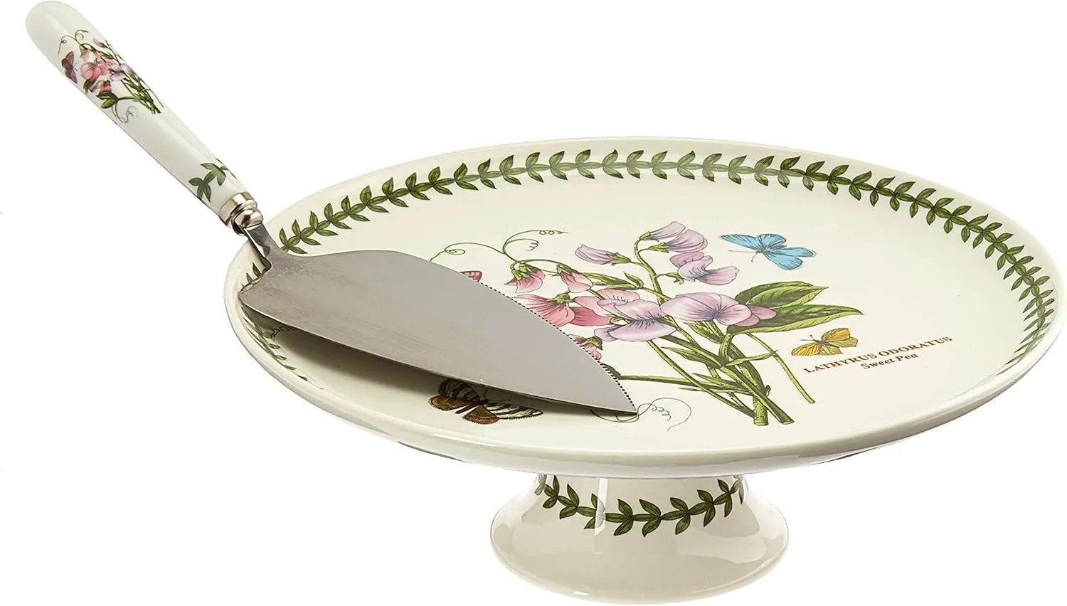 Portmeirion Botanic Garden 10" Footed Cake Plate, Sweet Pea Motif - Includes Stainless Steel Server - Fine Porcelain, Dishwasher, Microwave, Freezer, Oven Safe - Wedding Dessert Table Essentials