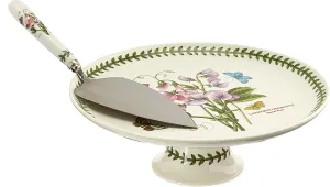 Portmeirion Botanic Garden 10" Footed Cake Plate, Sweet Pea Motif - Includes Stainless Steel Server - Fine Porcelain, Dishwasher, Microwave, Freezer, Oven Safe - Wedding Dessert Table Essentials