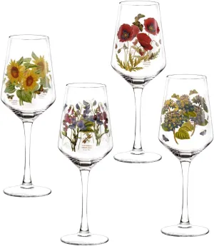 Portmeirion Botanic Garden 16oz Stemmed Wine Glass (Set of 4) - Assorted Floral Motifs - Elegant Glassware for Weddings, Home Bars, Special Events, Wine-Tasting Occasions - Vintage Wine Glasses