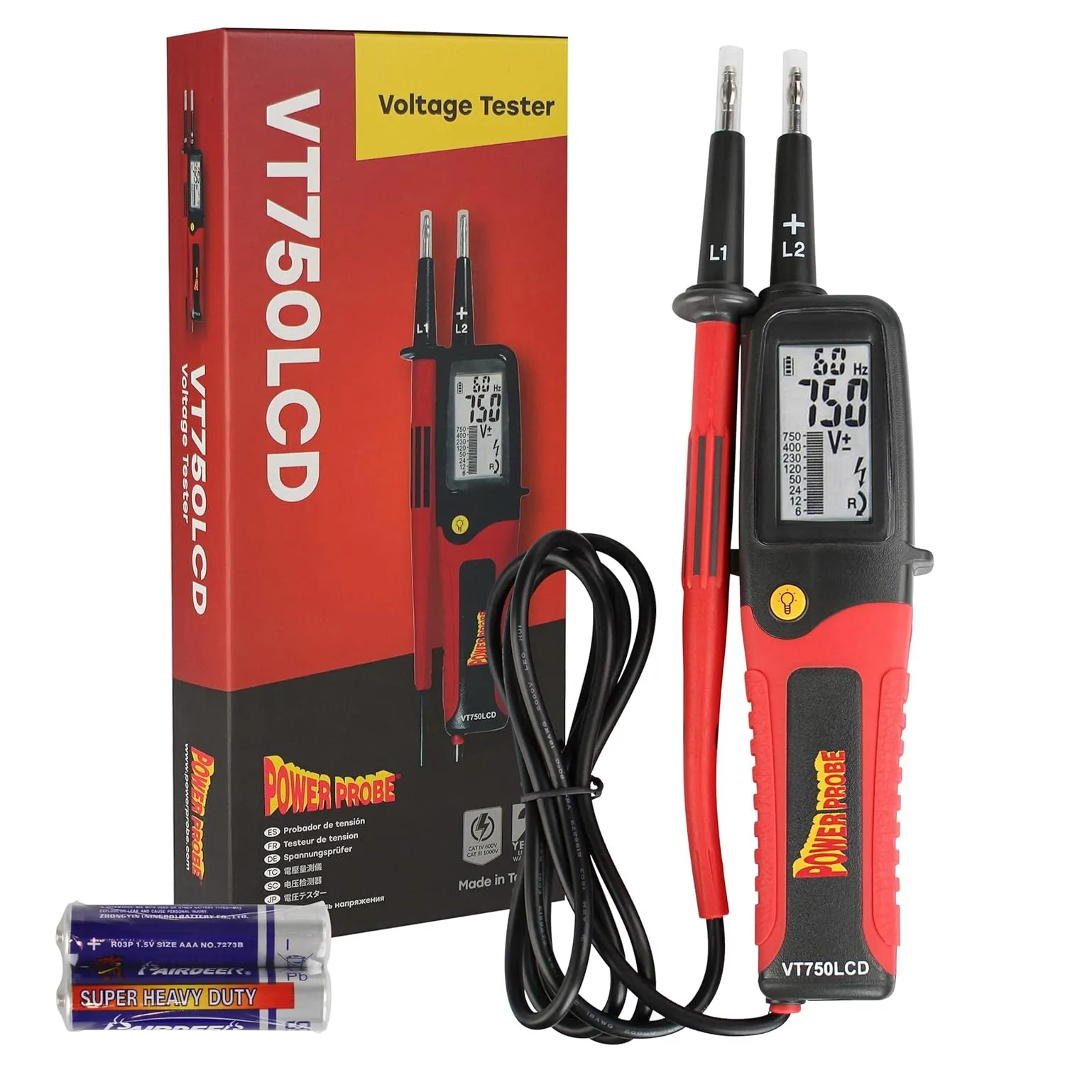 Power Probe VT750 LCD Two Pole 12 to 750V Commercial Voltage Tester - DC AC Automotive Car Voltage Meter Tester Tool for Electric and Hybrid Vehicles