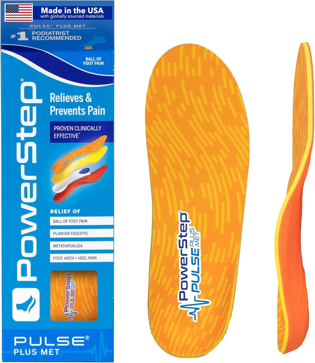 PowerStep Pulse Plus Ball of Foot Pain Relief Shoe Insoles - Running Shoe Orthotics for Metatarsal Foot Pain, and Morton's Neuroma Relief - Made in The USA (M 11-11.5)