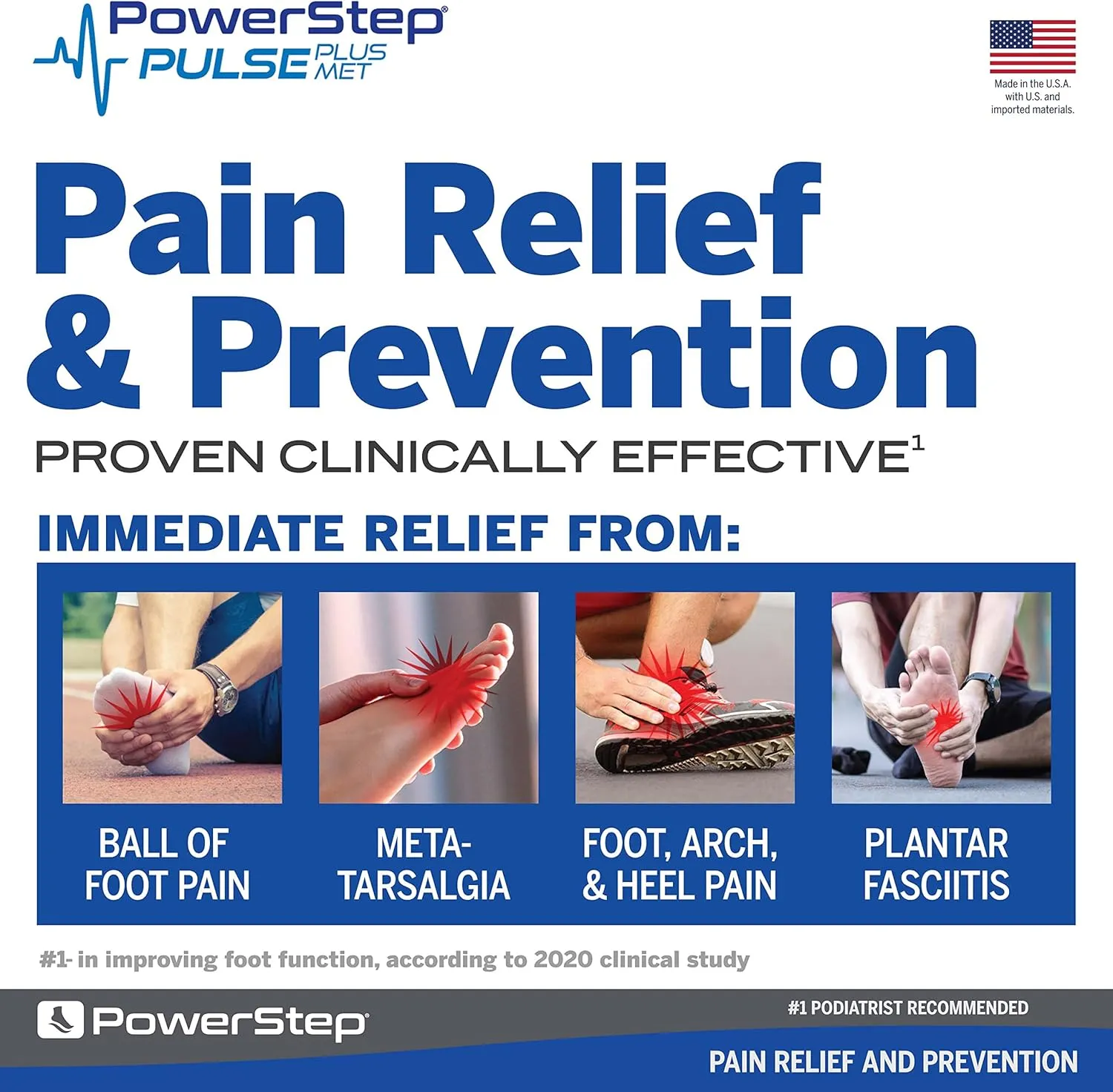PowerStep Pulse Plus Ball of Foot Pain Relief Shoe Insoles - Running Shoe Orthotics for Metatarsal Foot Pain, and Morton's Neuroma Relief - Made in The USA (M 7-7.5, F 9-9.5)
